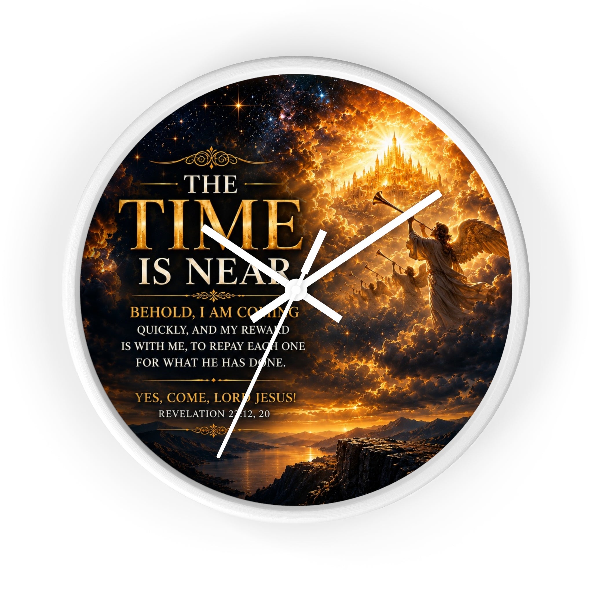 Inspirational Christian wall clock featuring fiery skies, a radiant heavenly city, and Revelation 22:12-20 scripture artwork with “The Time Is Near” message.