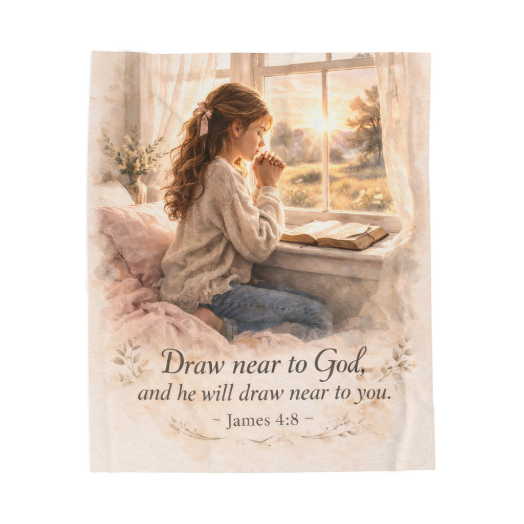 Draw Near to God Plush Blanket – James 4:8 Christian Throw | Prayerful Velveteen Cozy Blanket