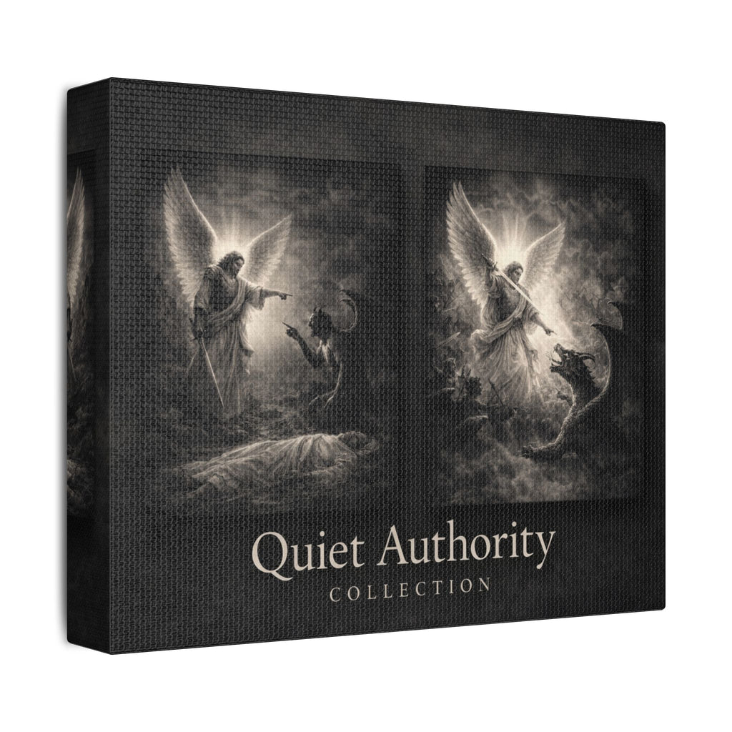 Quiet Authority Michael Canvas — Archangel Michael Christian Wall Art | Monochrome Angel Canvas