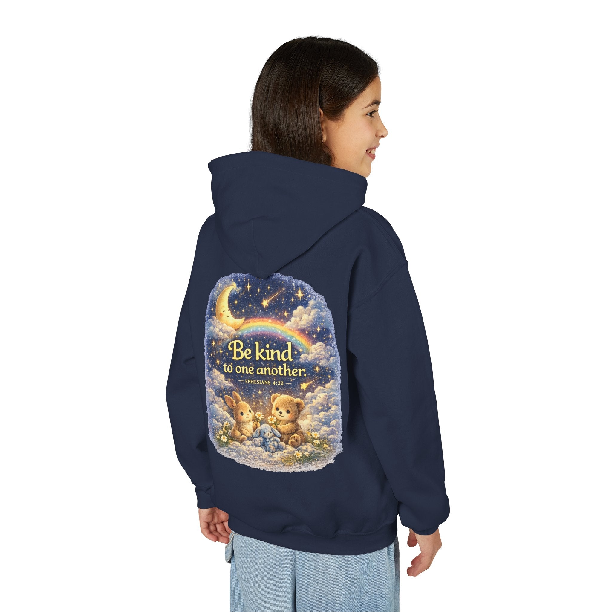 Youth “Be Kind to One Another” Hoodie – Cute Bunny Night Sky Scripture Sweatshirt