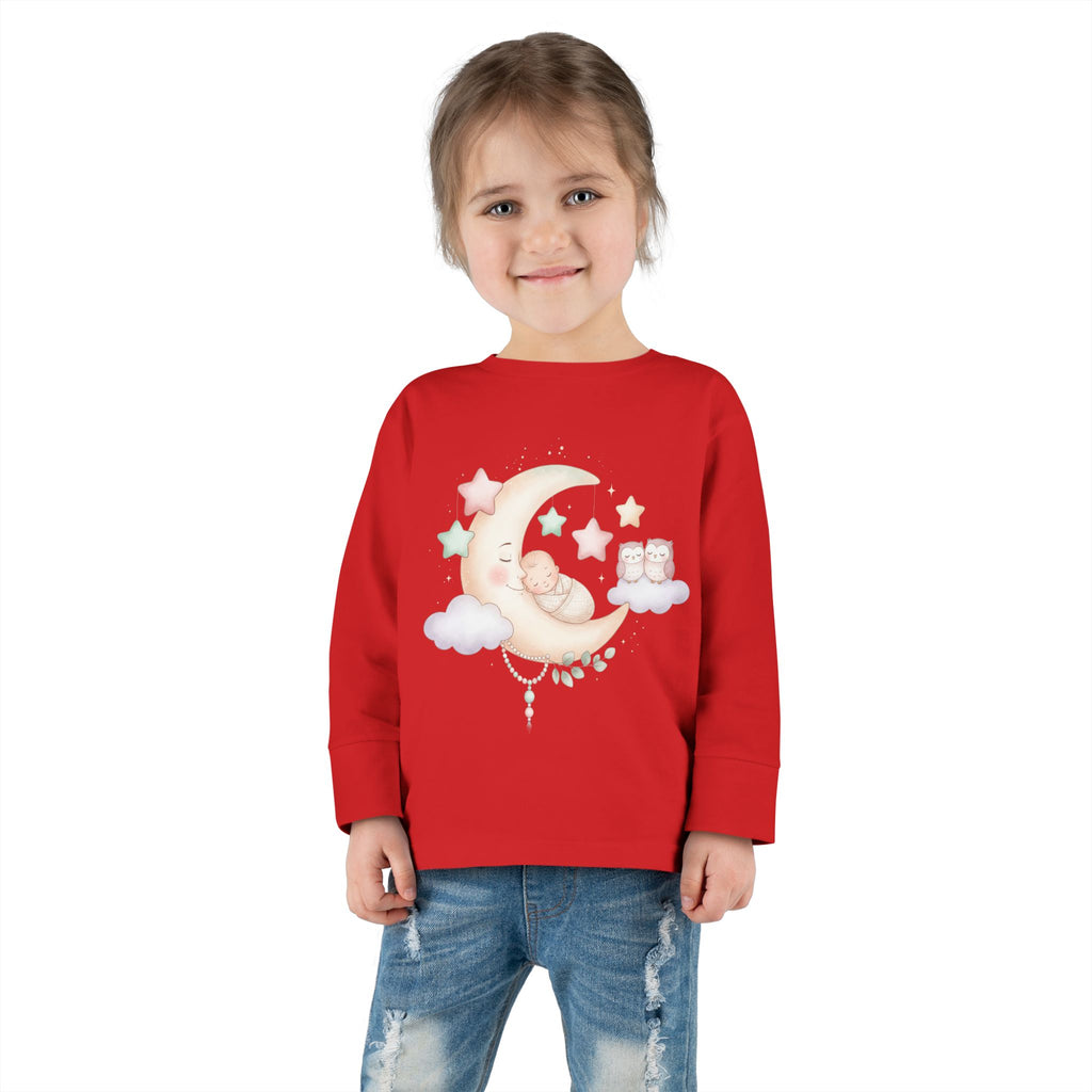 Baby Moon & Owl Toddler Long Sleeve Tee – Pastel Sleepy Moon Nursery Shirt | Cozy Toddler Pajama Style Tee