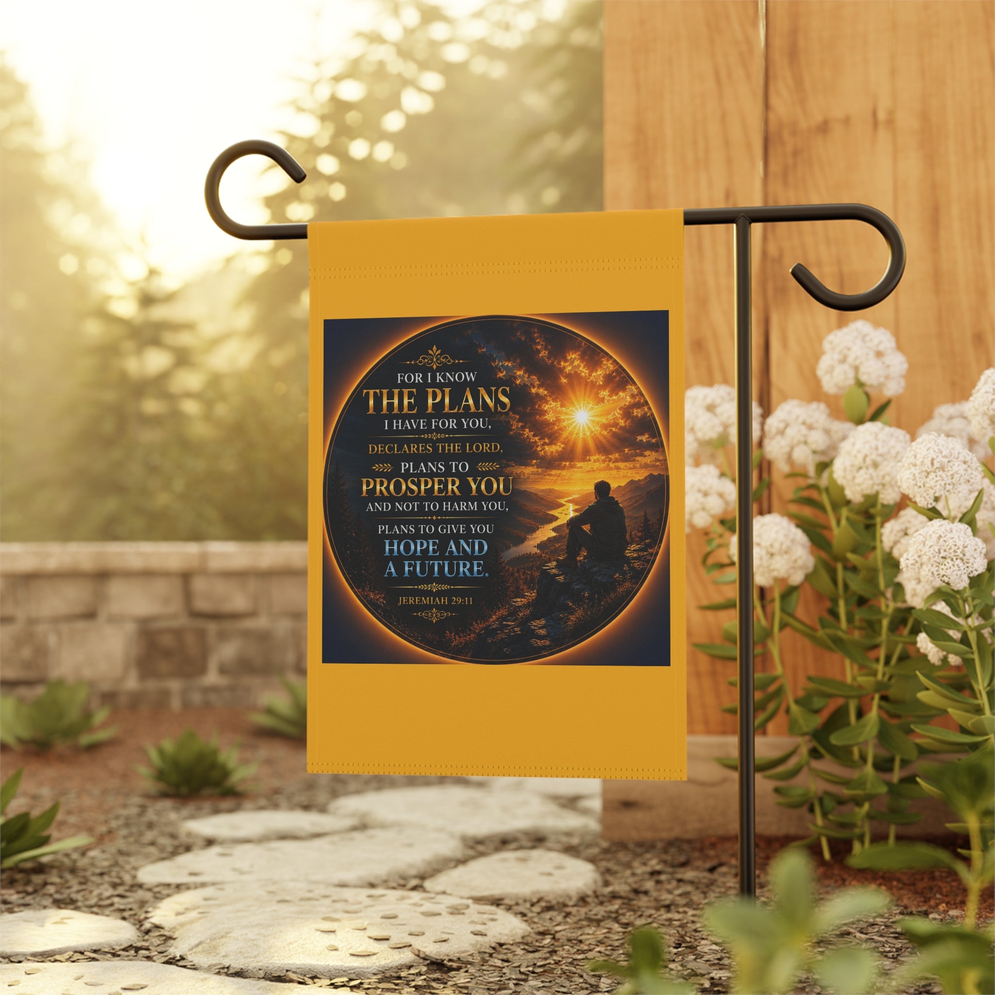 Inspirational Christian garden flag featuring a sunrise shoreline scene with the scripture “For I Know The Plans” in warm peaceful coastal-inspired artwork.