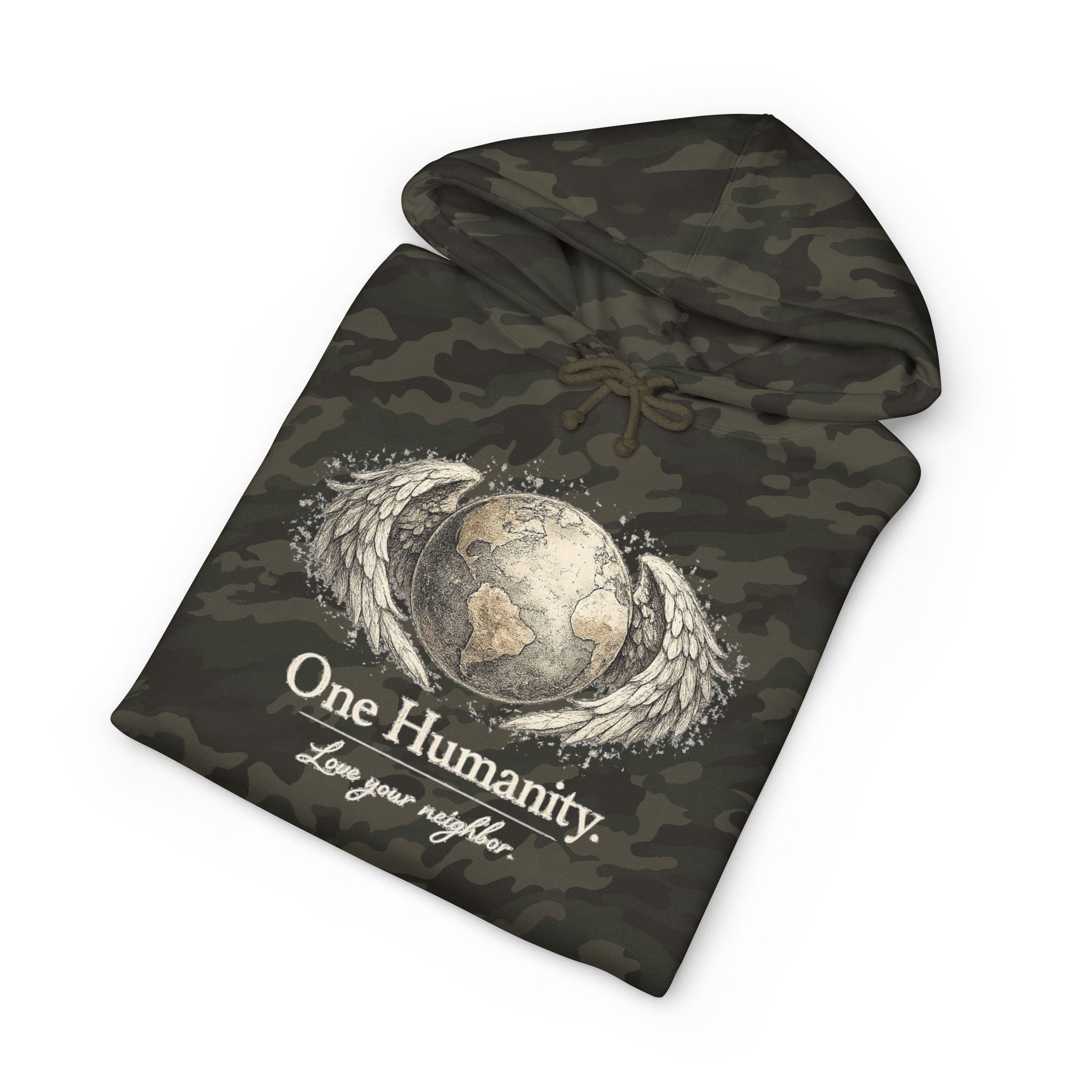 “One Humanity” Hoodie – “Love Your Neighbor” Earth & Wings Graphic Sweatshirt
