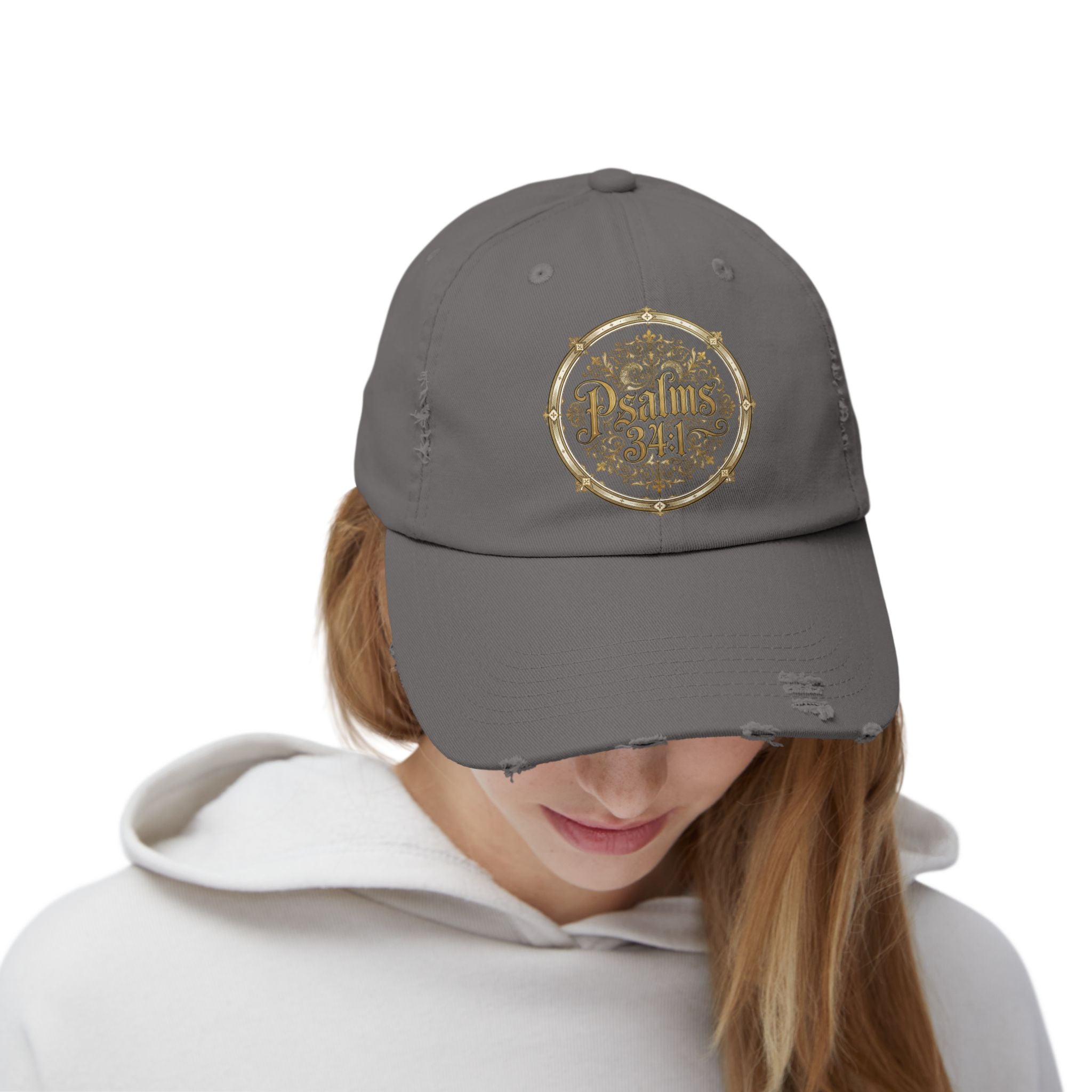 Distressed Black Cap – Psalm 23:1 Vintage Gold Emblem Hat | Faith & Freedom Creations
