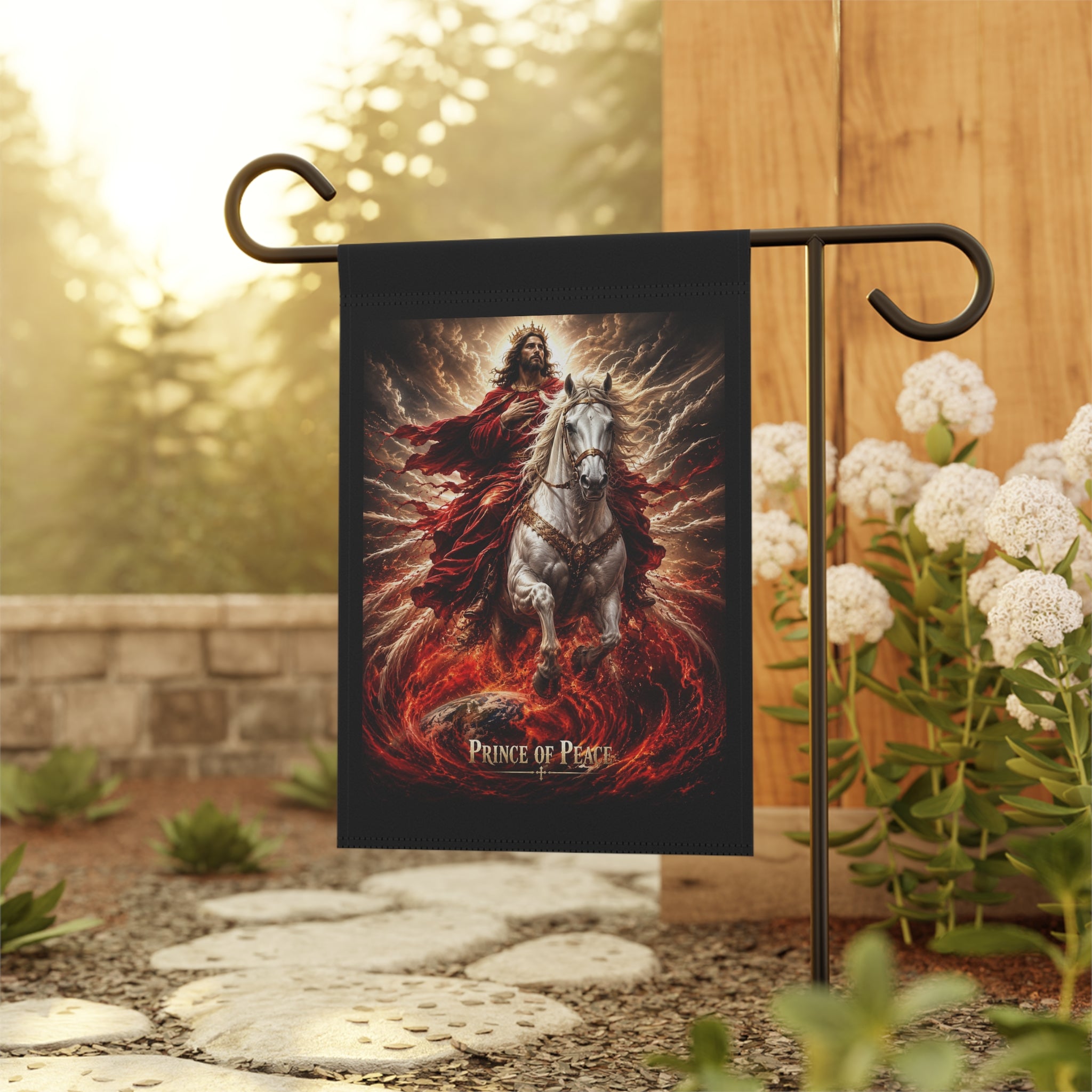 Christian garden banner featuring Jesus beside a noble horse with the words “Prince of Peace” in warm country-inspired outdoor artwork.
