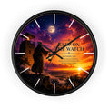 Inspirational Christian wall clock featuring a lone watchman beneath dramatic sunset skies with Matthew 24:42 scripture and rich orange and purple twilight tones.