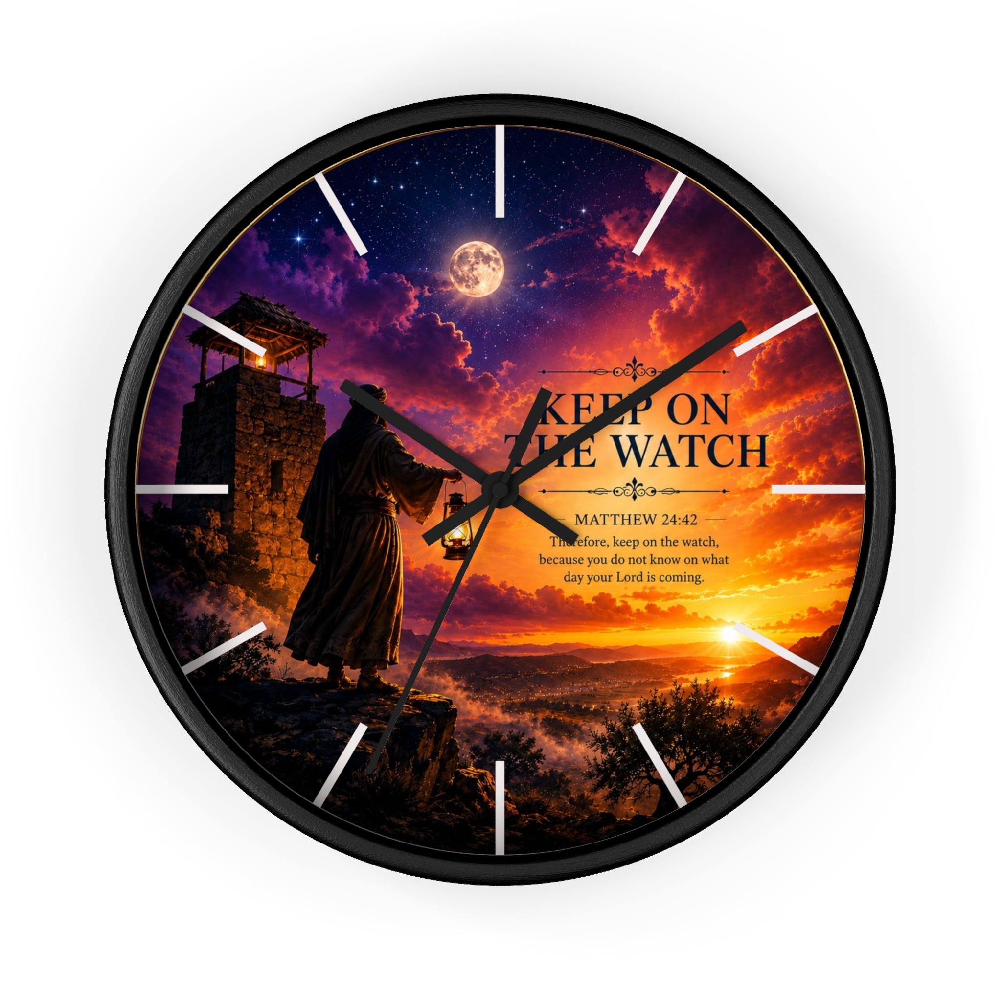 Inspirational Christian wall clock featuring a lone watchman beneath dramatic sunset skies with Matthew 24:42 scripture and rich orange and purple twilight tones.