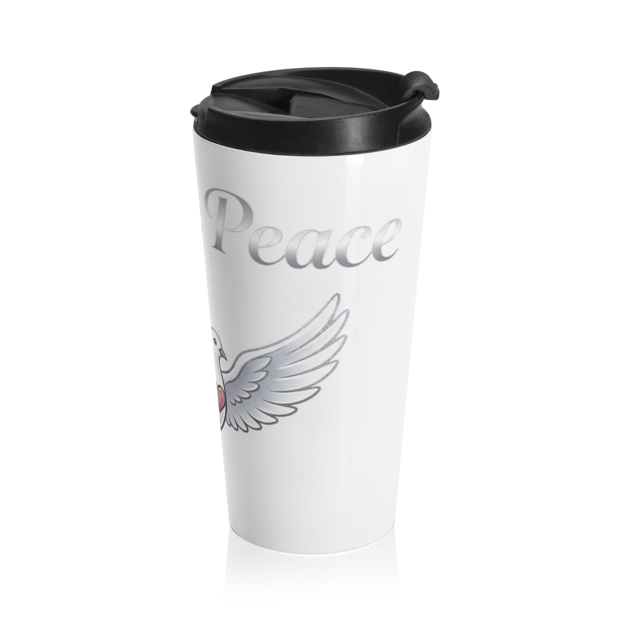 White stainless steel insulated travel mug featuring a hand-drawn white dove with a small heart and the words "Jesus Is Peace," complete with a black flip-top lid.