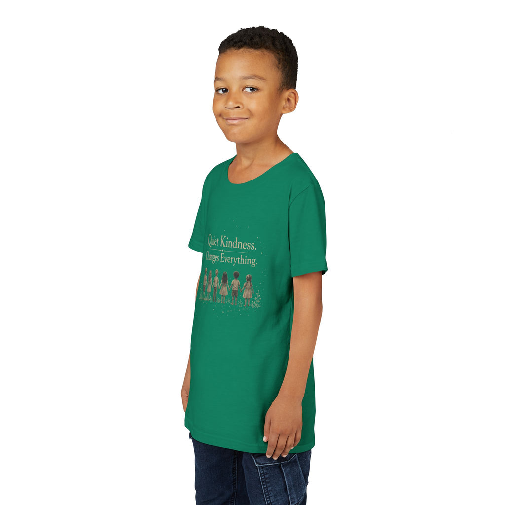 Youth “Quiet Kindness Changes Everything” Tee – Kids Inspirational T-Shirt with Earth & Friends Graphic