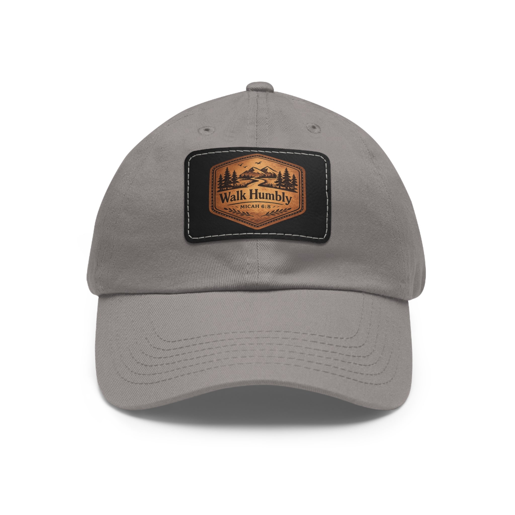 Vintage-inspired Christian dad hat featuring a faux leather “Walk Humbly” Micah 6:8 patch with rustic outdoor styling and antique brass buckle closure.