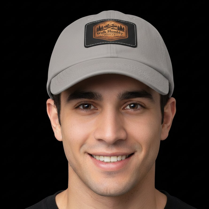 Vintage-inspired Christian dad hat featuring a faux leather “Walk Humbly” Micah 6:8 patch with rustic outdoor styling and antique brass buckle closure.