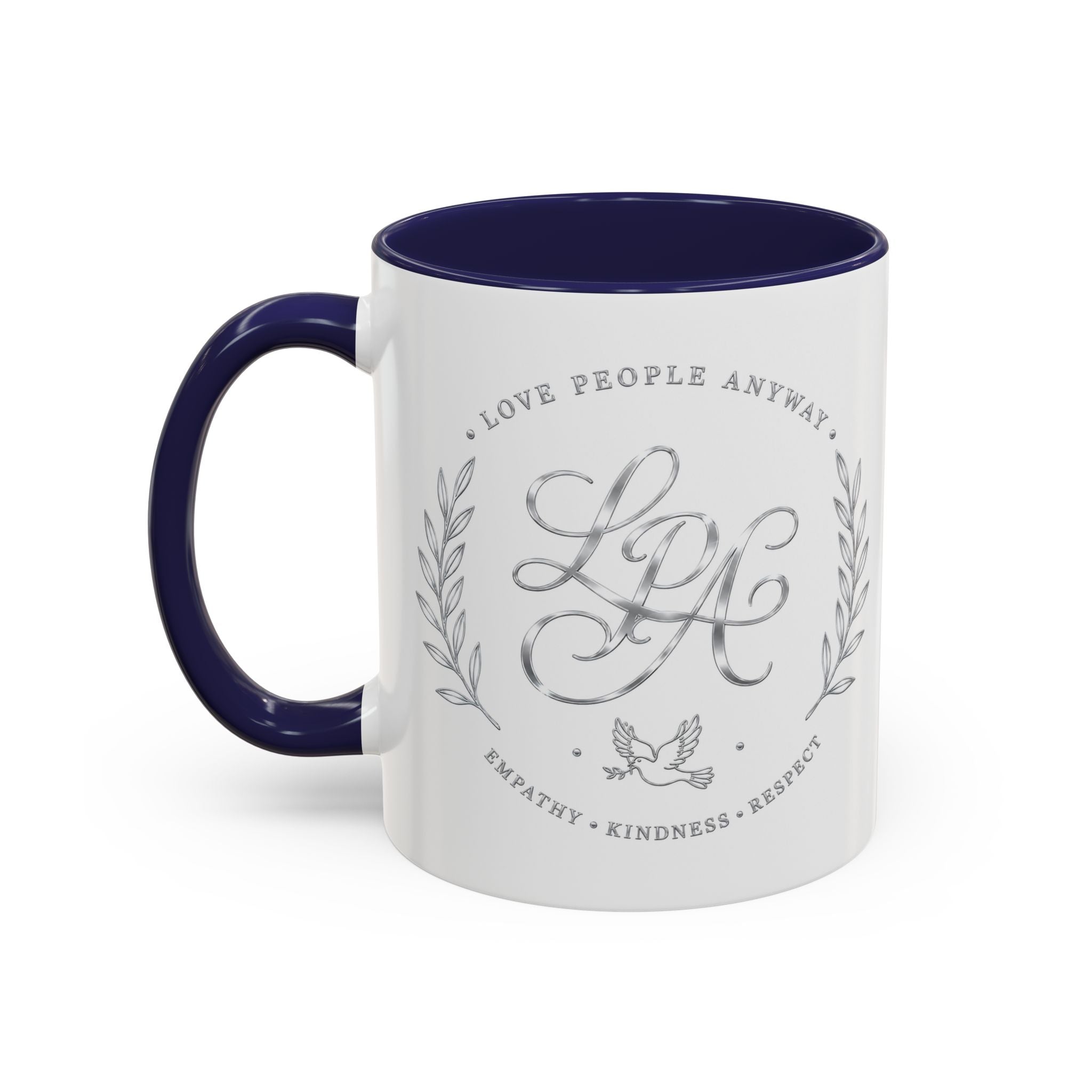 Love People Anyway Silver Accent Coffee Mug | Inspirational Monogram Mug | Faith Freedom Creations