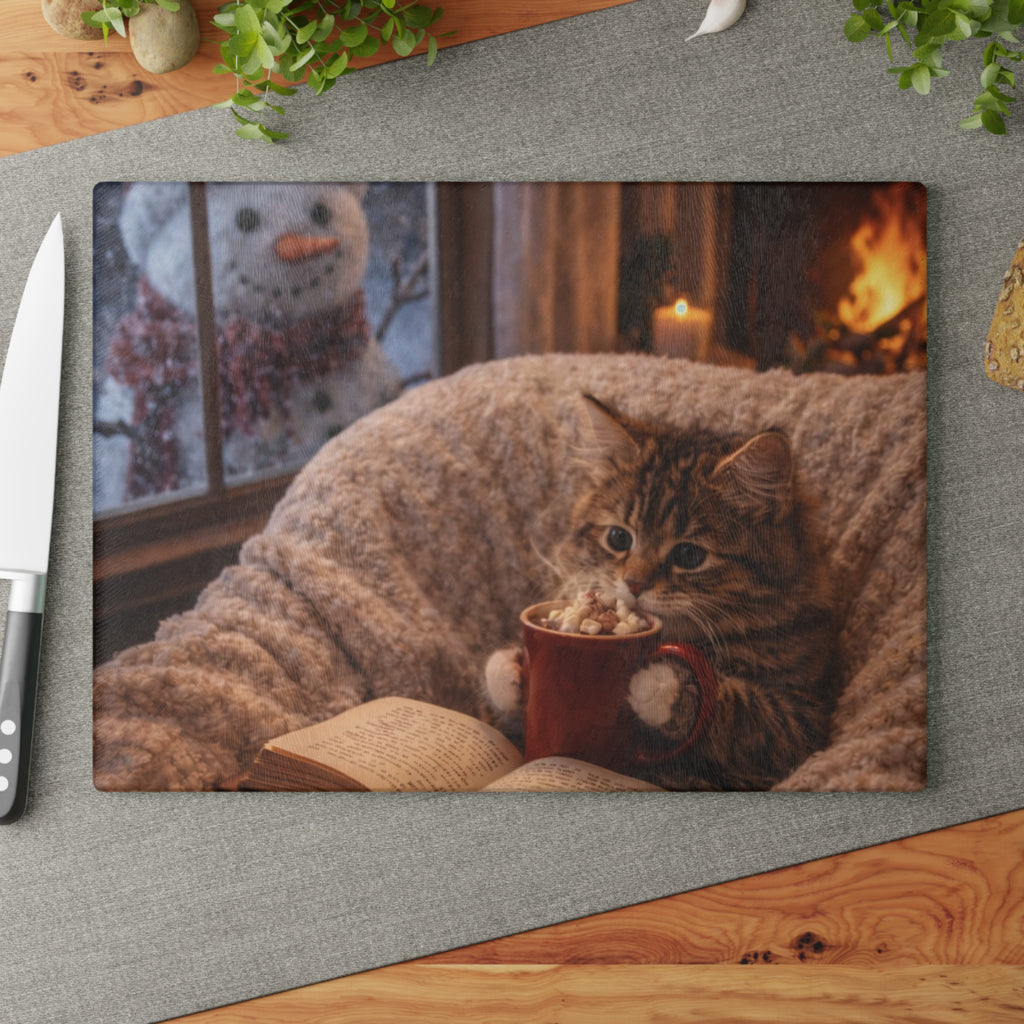 Cozy Winter Cat Glass Cutting Board – Hot Cocoa Kitchen Decor | Cute Cat Kitchen Board
