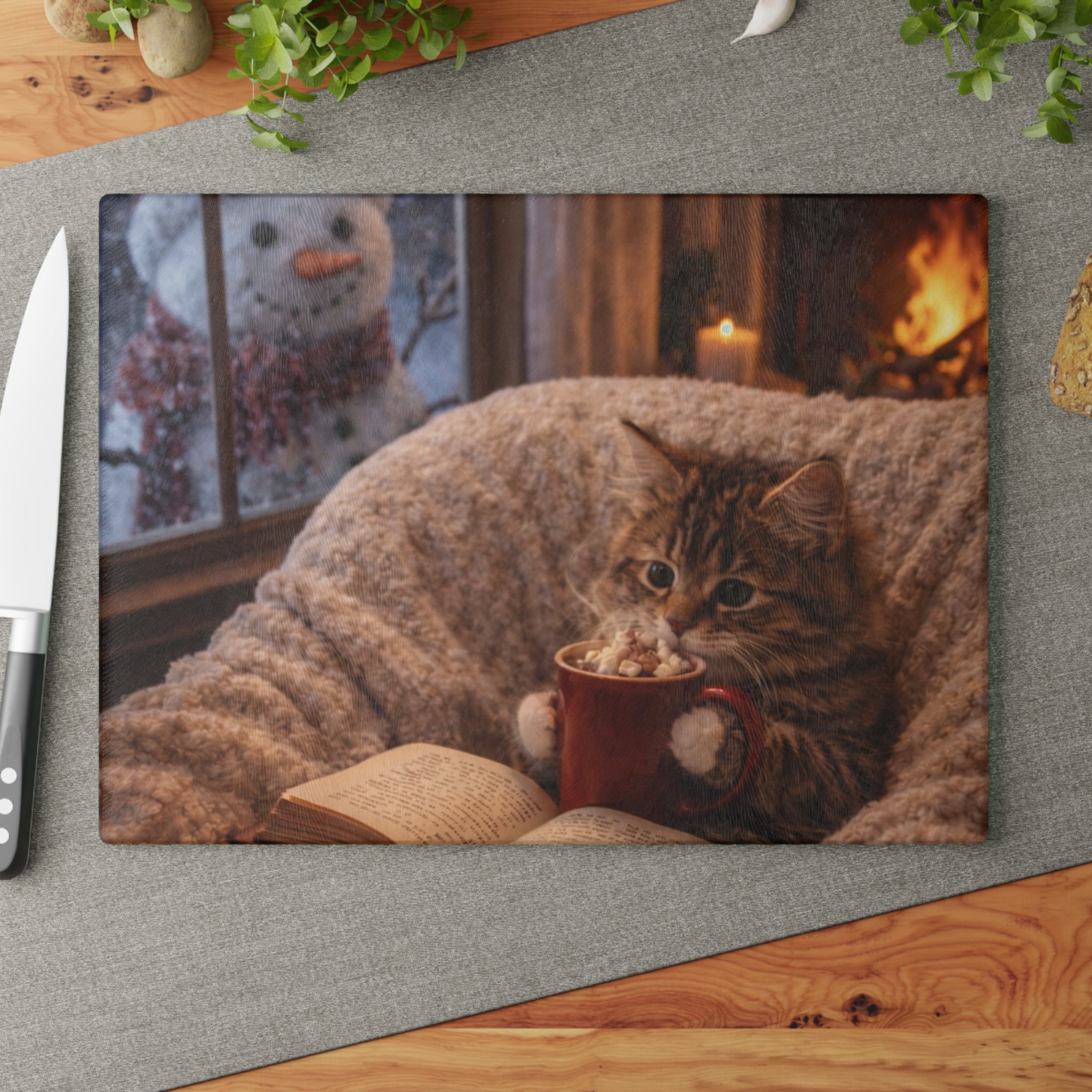 Cozy Winter Cat Glass Cutting Board – Hot Cocoa Kitchen Decor | Cute Cat Kitchen Board