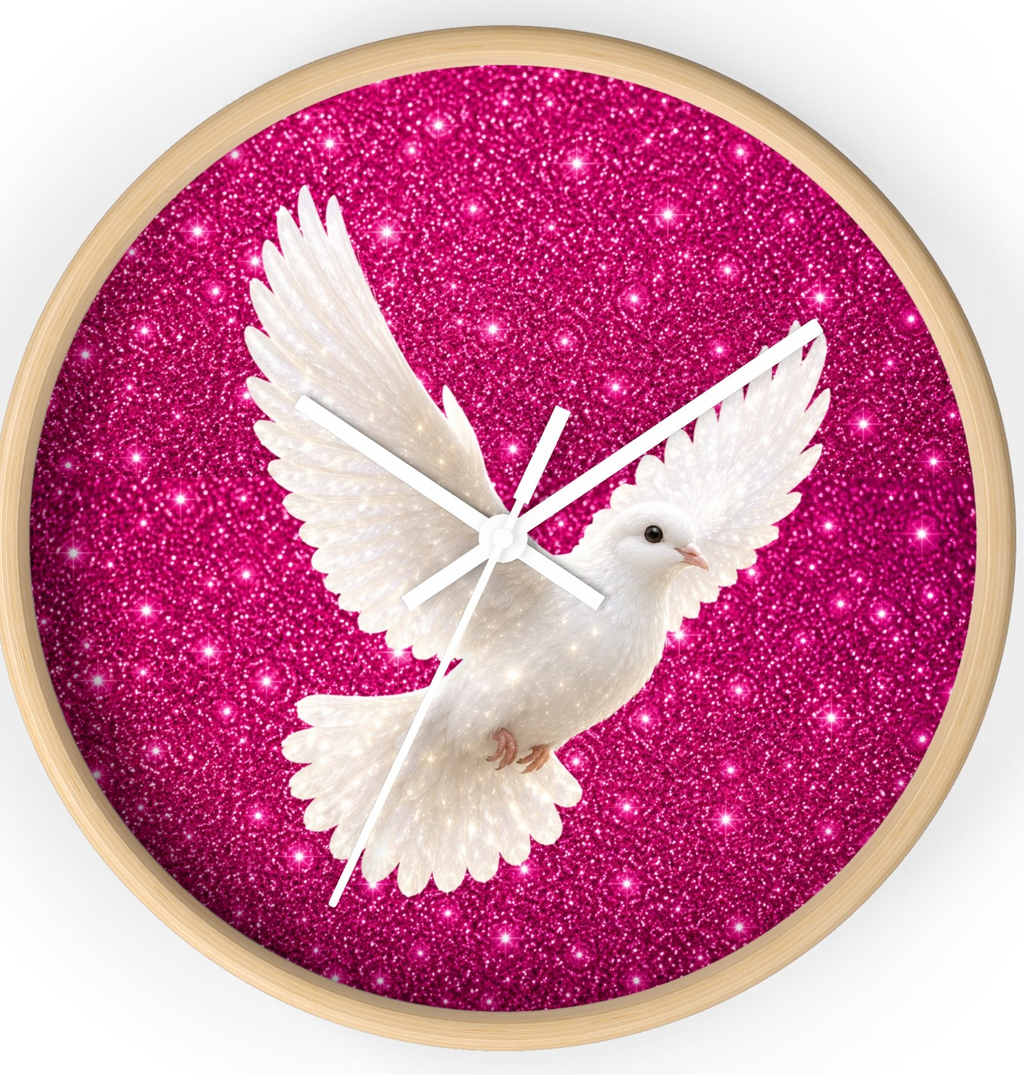 Decorative wall clock featuring a white dove flying across a sparkling hot pink background with a wooden frame and silent quartz movement.