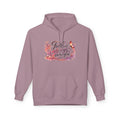 A dusty purple pullover hoodie with a front graphic that reads 'Faith always carries you' in black script, decorated with pink, orange, and purple floral swirls, shown on a plain white background.