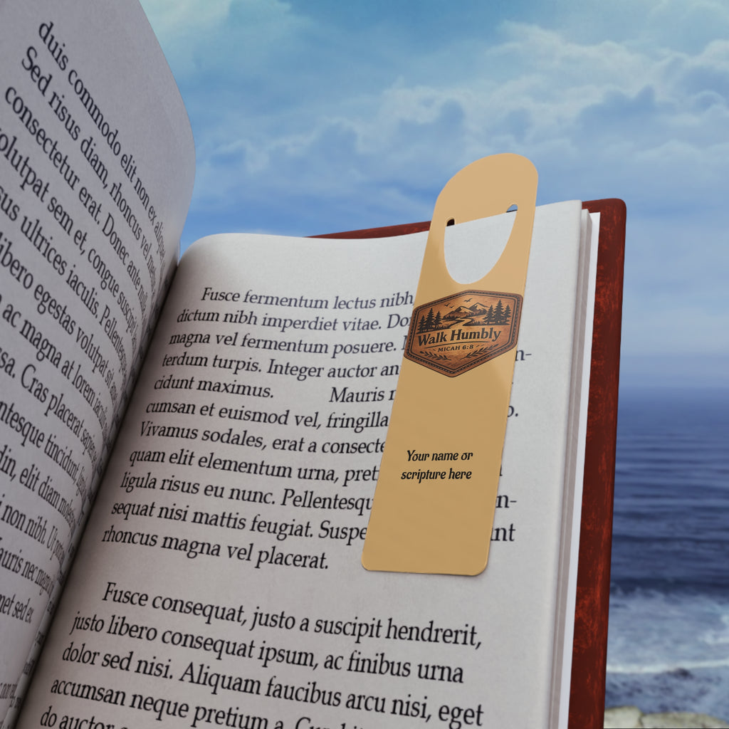 Personalized Christian aluminum bookmark featuring “Walk Humbly” scripture-inspired design with custom name, brushed metal backing, and secure page-holding slot.