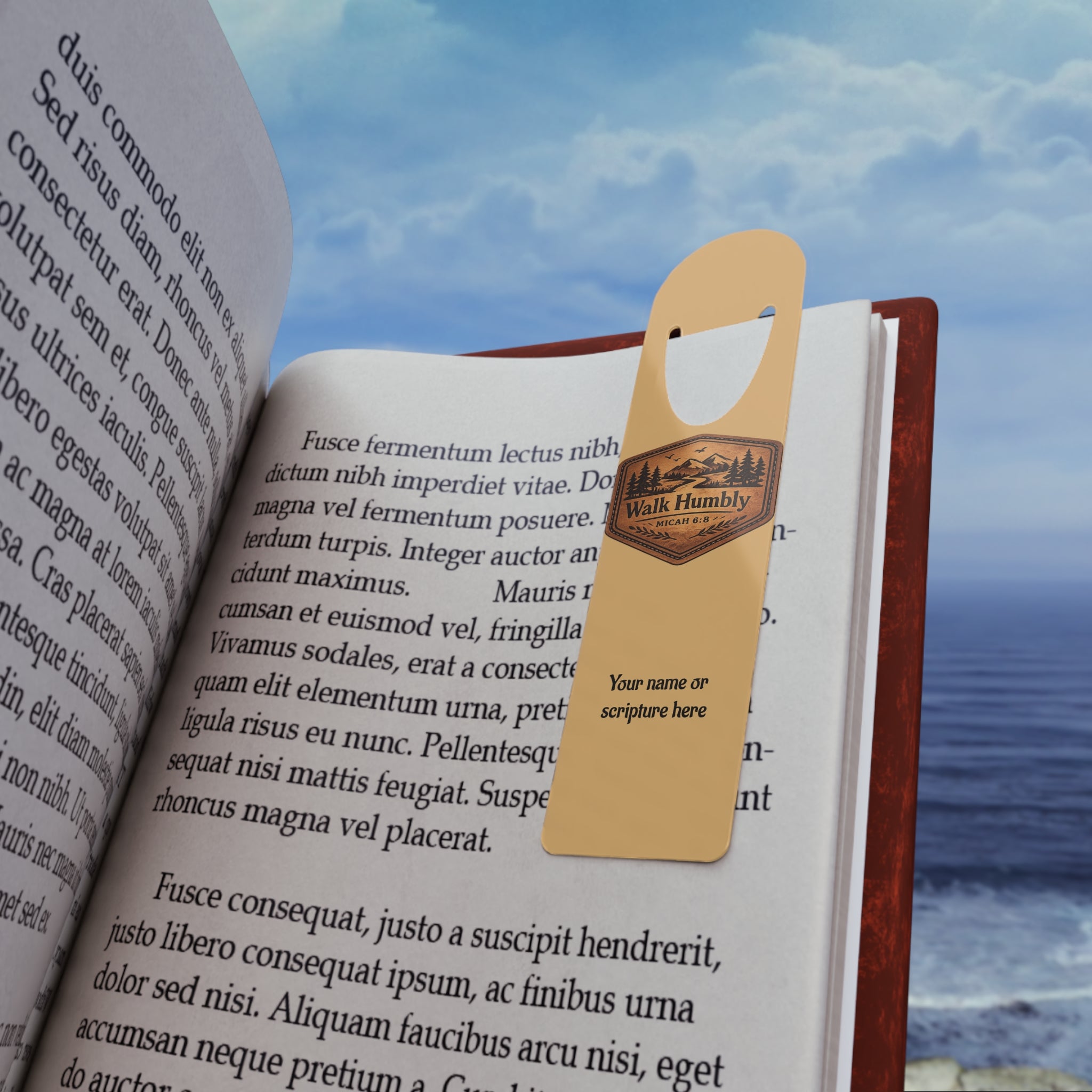 Personalized Christian aluminum bookmark featuring “Walk Humbly” scripture-inspired design with custom name, brushed metal backing, and secure page-holding slot.