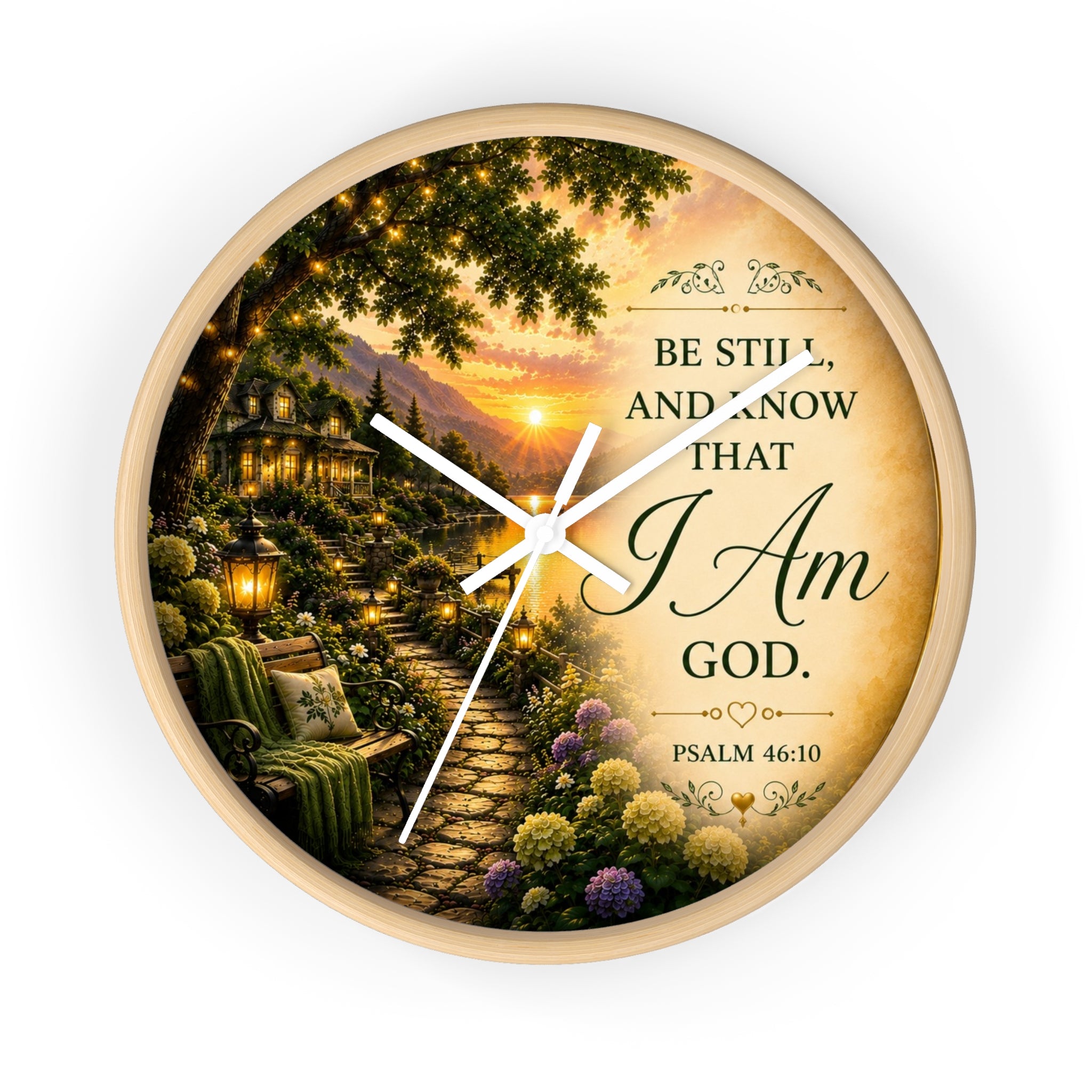 Inspirational Christian wall clock featuring a peaceful sunset garden scene with Psalm 46:10 scripture “Be Still and Know That I Am God” in warm glowing tones.