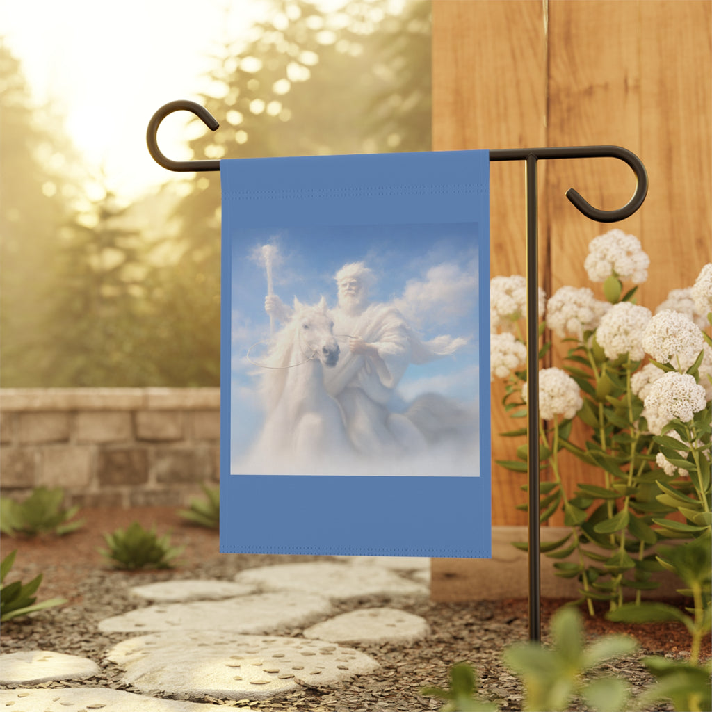 Inspirational Christian garden flag featuring Jesus riding a white horse through glowing clouds with dramatic sky scenery and double-sided outdoor artwork.