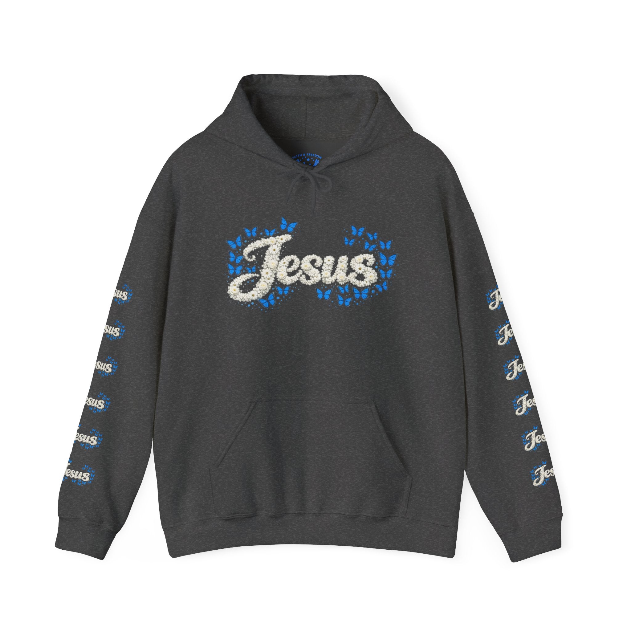 Butterfly Blossoms Hoodie — "Jesus" Floral Script Pullover