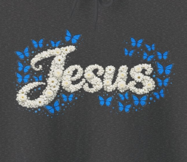 Butterfly Blossoms Hoodie – “Jesus” Floral Script Christian Pullover | Faith & Butterfly Hoodie