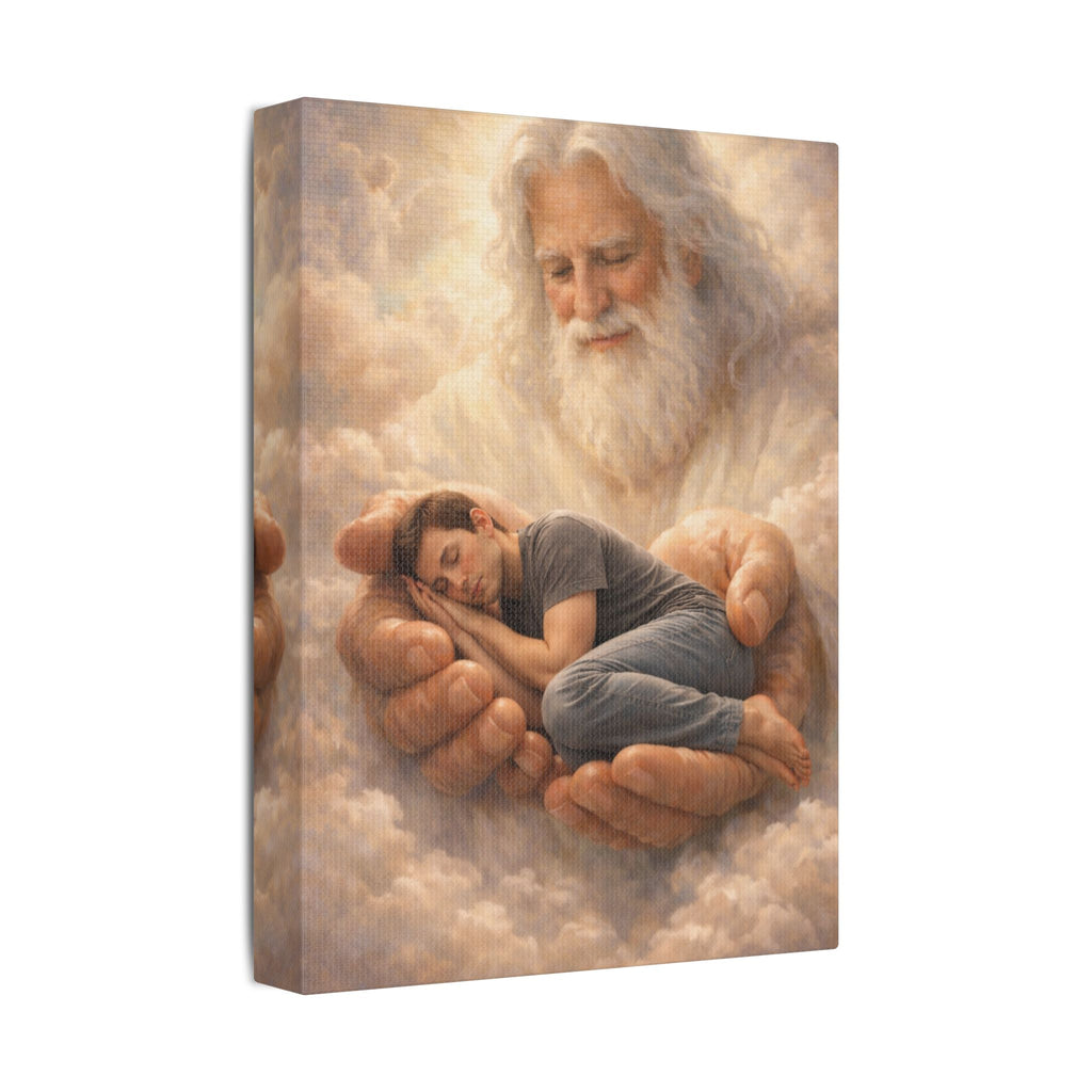 Safely in His Hands Canvas — 'Man' Sleeping in God's Embrace Wall Art