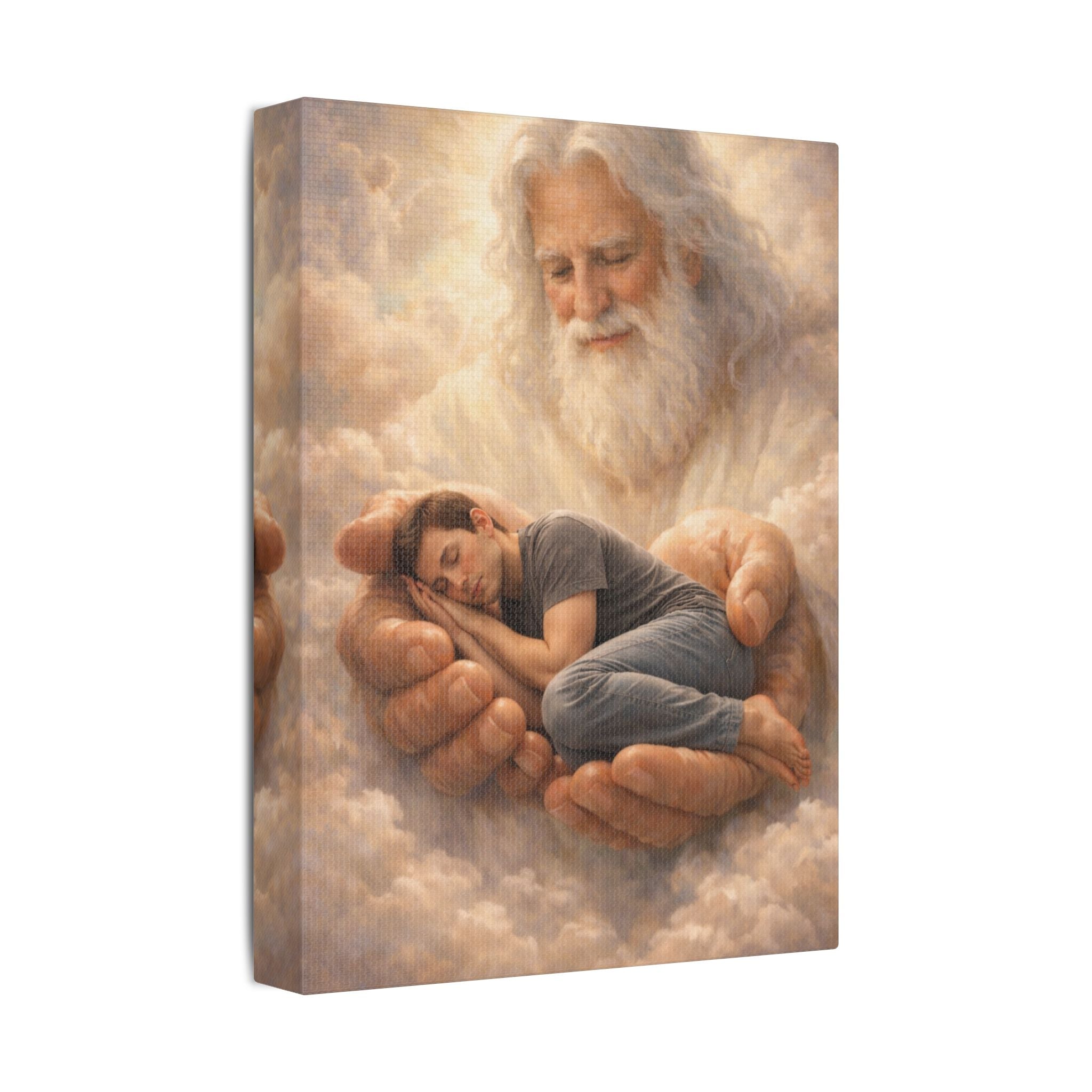 Safely in His Hands Canvas — 'Man' Sleeping in God's Embrace Wall Art