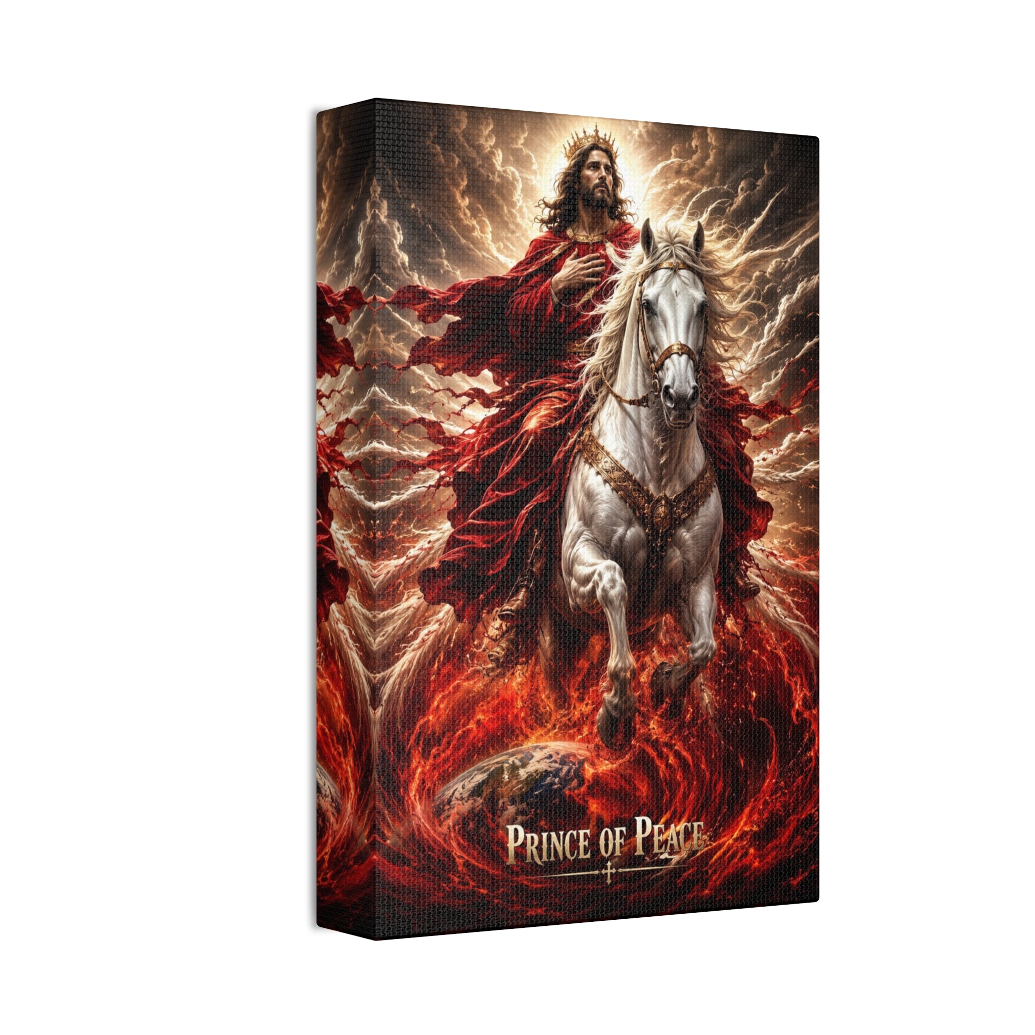 Christian canvas wall art featuring Jesus riding a white horse with peaceful radiant lighting and inspirational Prince of Peace imagery in gallery-style decor.