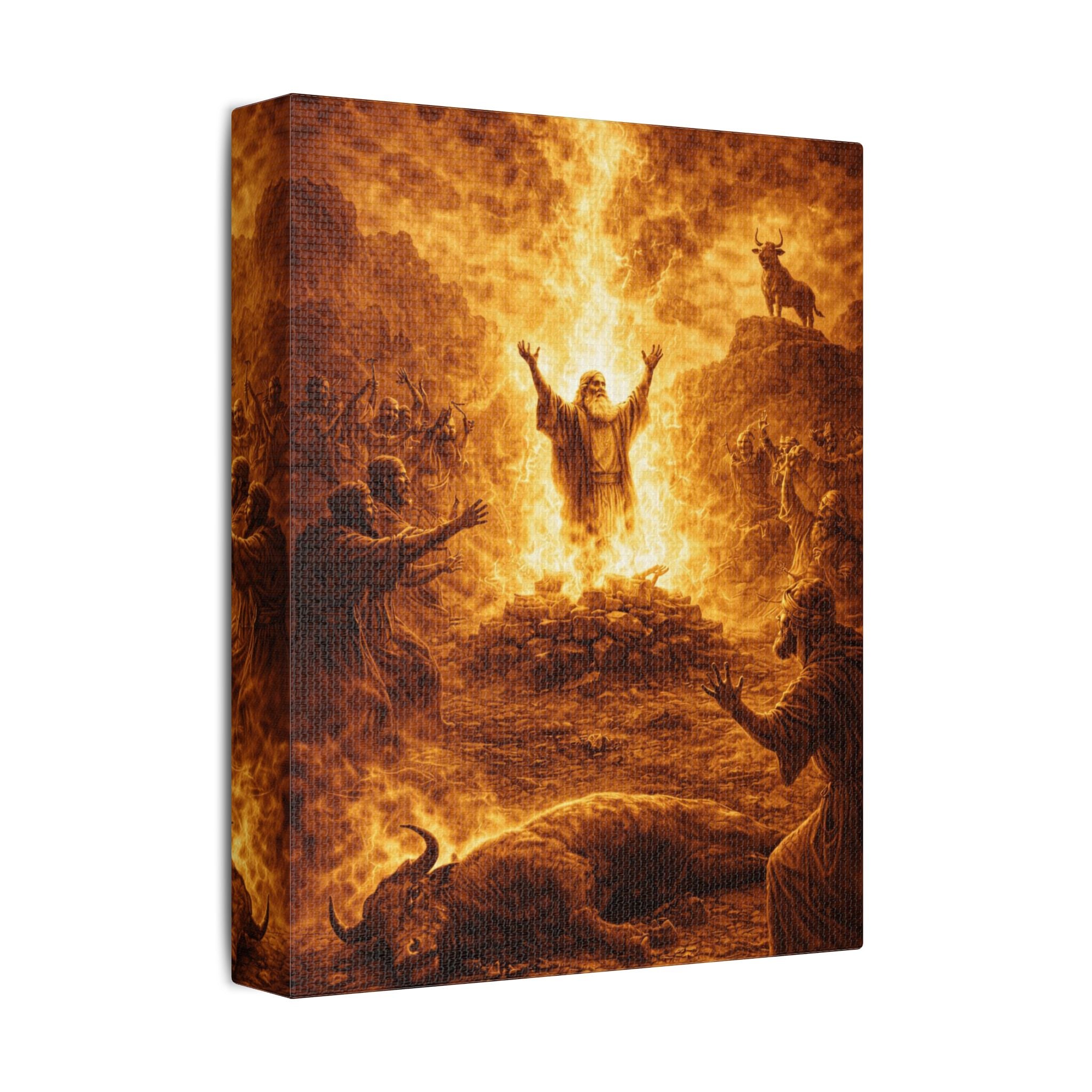 Revival Satin Canvas Wall Art — "Elijah Calls Down Fire" Stretched Spiritual Print