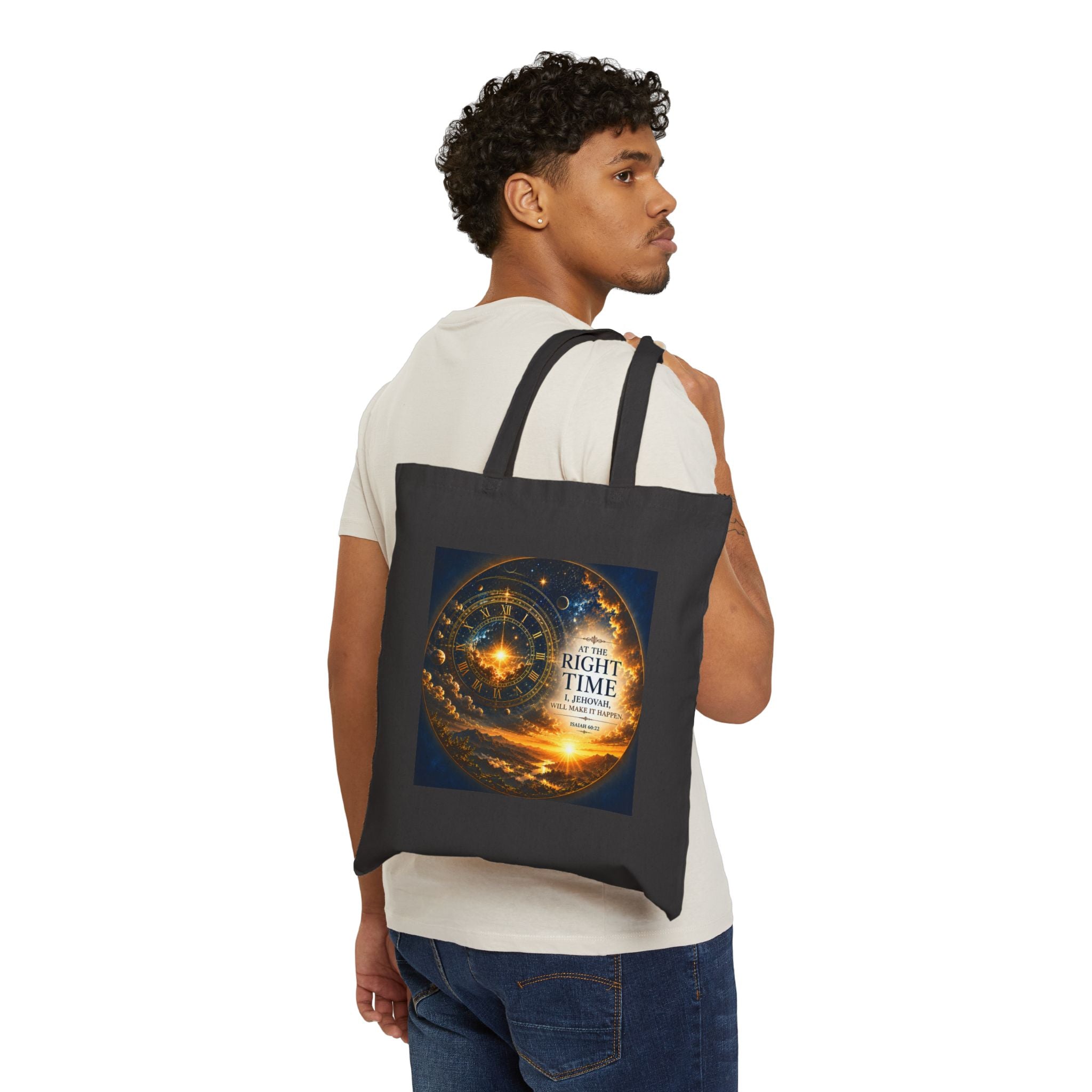 Cotton canvas tote bag featuring Isaiah 60:22, “At the right time, I, Jehovah, will make it happen,” with celestial clock artwork, stars, sunrise, mountains, and golden heavenly imagery.