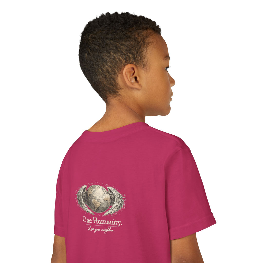 Youth “Quiet Kindness Changes Everything” Tee – Kids Inspirational T-Shirt with Earth & Friends Graphic