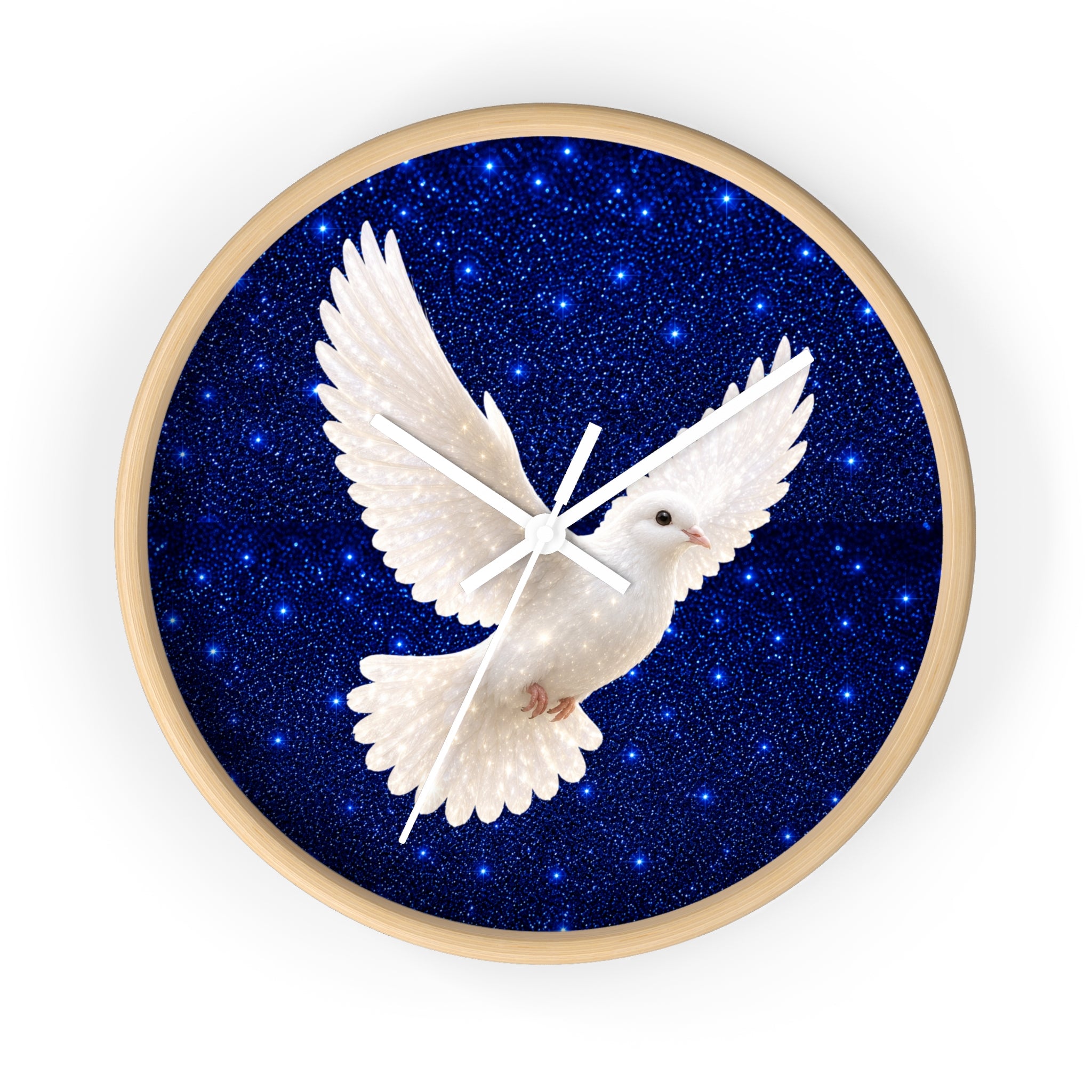 Round wall clock with a light wood frame, featuring a white dove in flight over a deep blue starry night background.