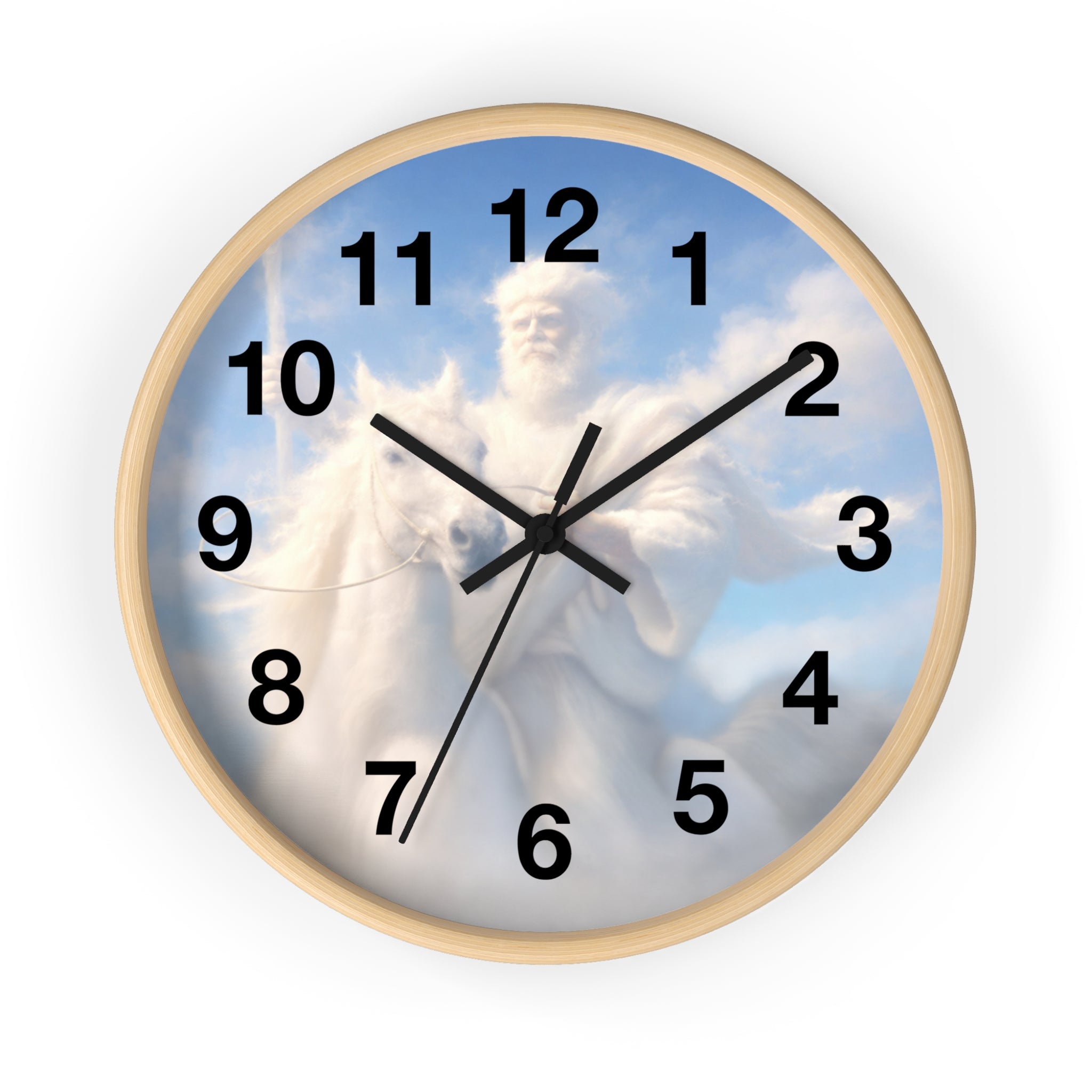 Inspirational Christian wall clock featuring Jesus riding through glowing clouds with classical devotional sky artwork and warm heavenly tones.