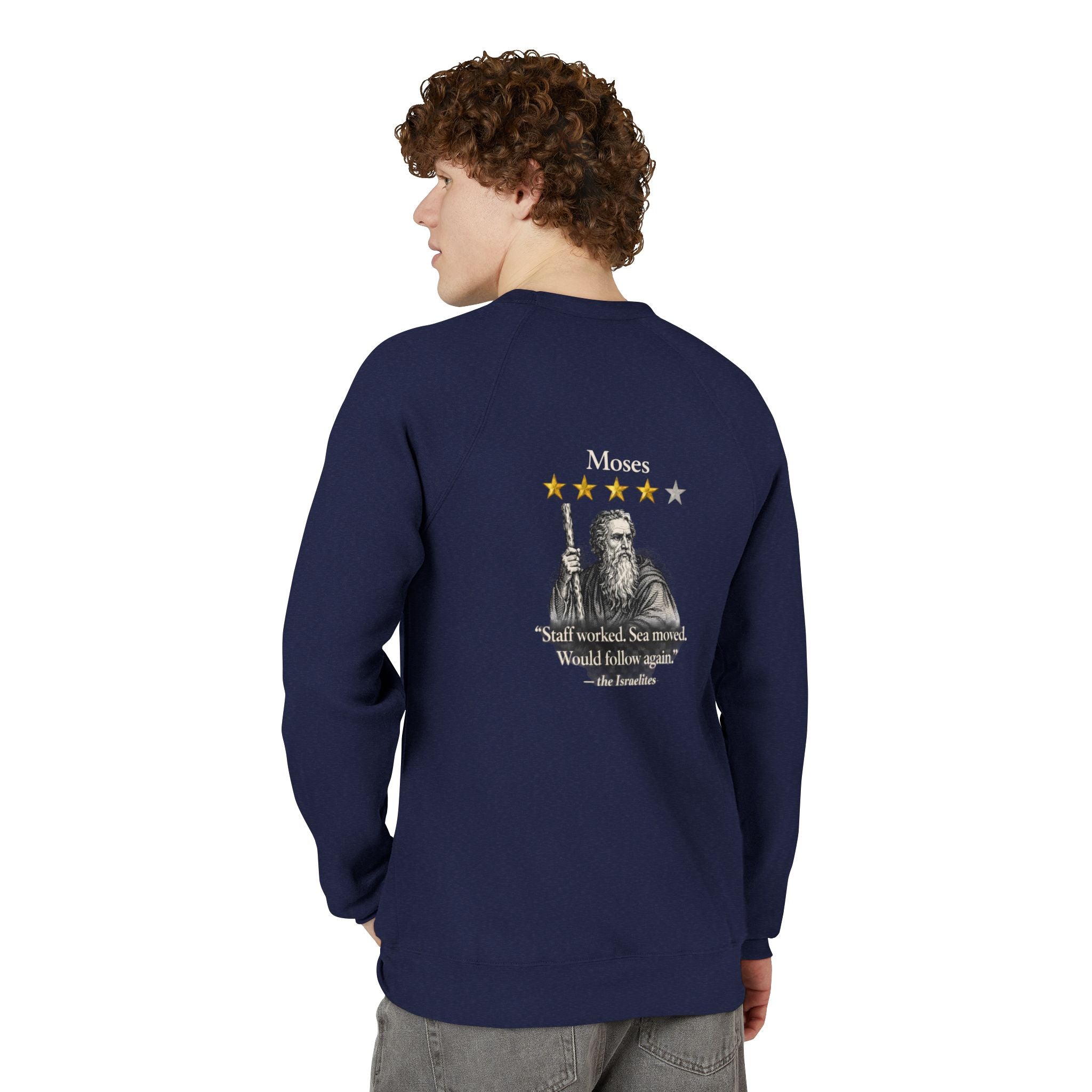 Moses Five-Star Faith Series – Raglan Sweatshirt | “Staff Worked. Sea Moved.” Faith Graphic