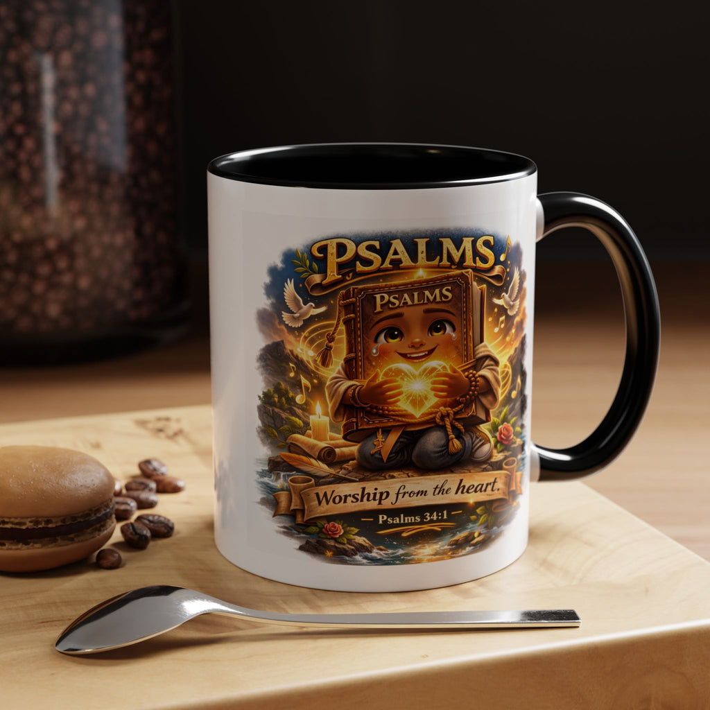 Inspirational Christian ceramic accent coffee mug featuring Psalm 34:1 and the message “Worship From the Heart” with colorful handle and interior accents on a glossy white mug.