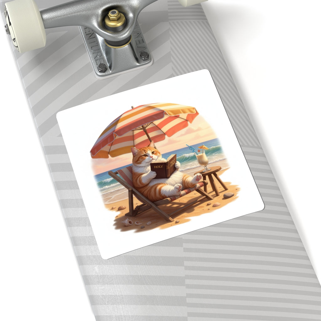 Bible Reading Beach Kitty Sticker – Christian Cat Faith Decal | Cute Bible Study Laptop Sticker