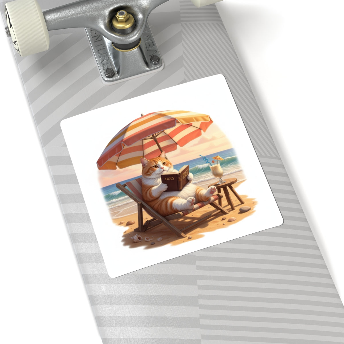 Bible Reading Beach Kitty Sticker – Christian Cat Faith Decal | Cute Bible Study Laptop Sticker