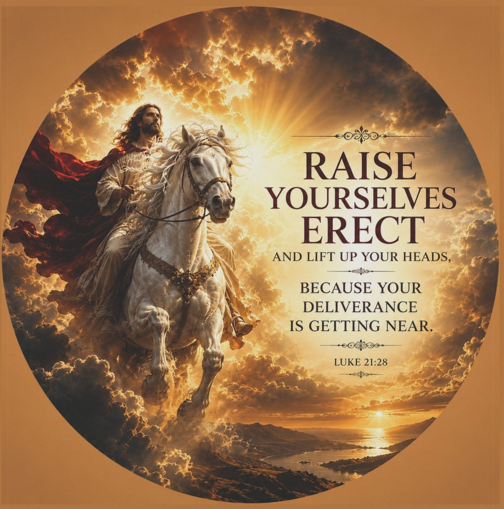 Inspirational Christian garden flag featuring Jesus riding a white horse beneath glowing skies with Luke 21:28 scripture artwork in warm vibrant tones.