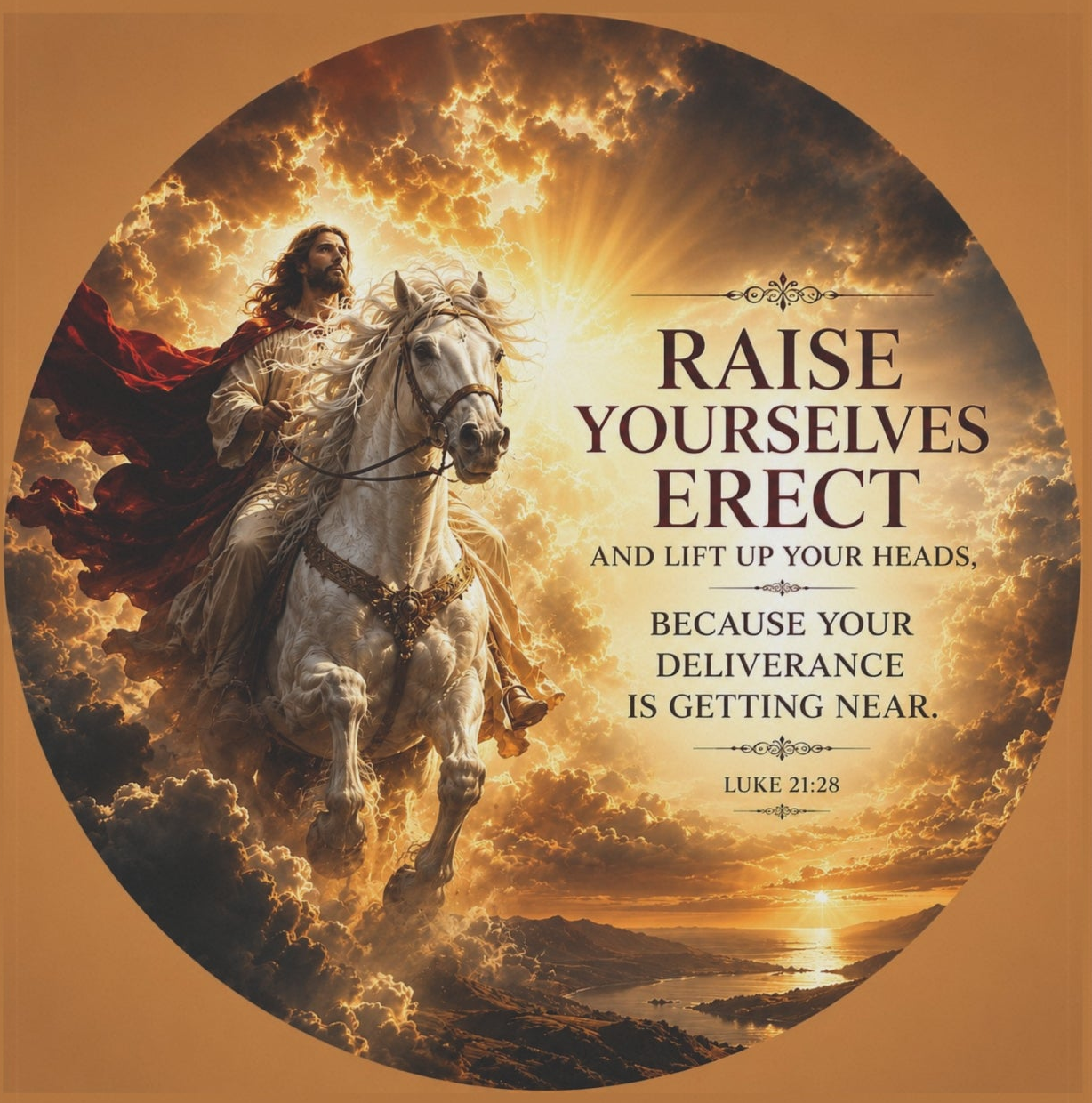 Inspirational Christian garden flag featuring Jesus riding a white horse beneath glowing skies with Luke 21:28 scripture artwork in warm vibrant tones.