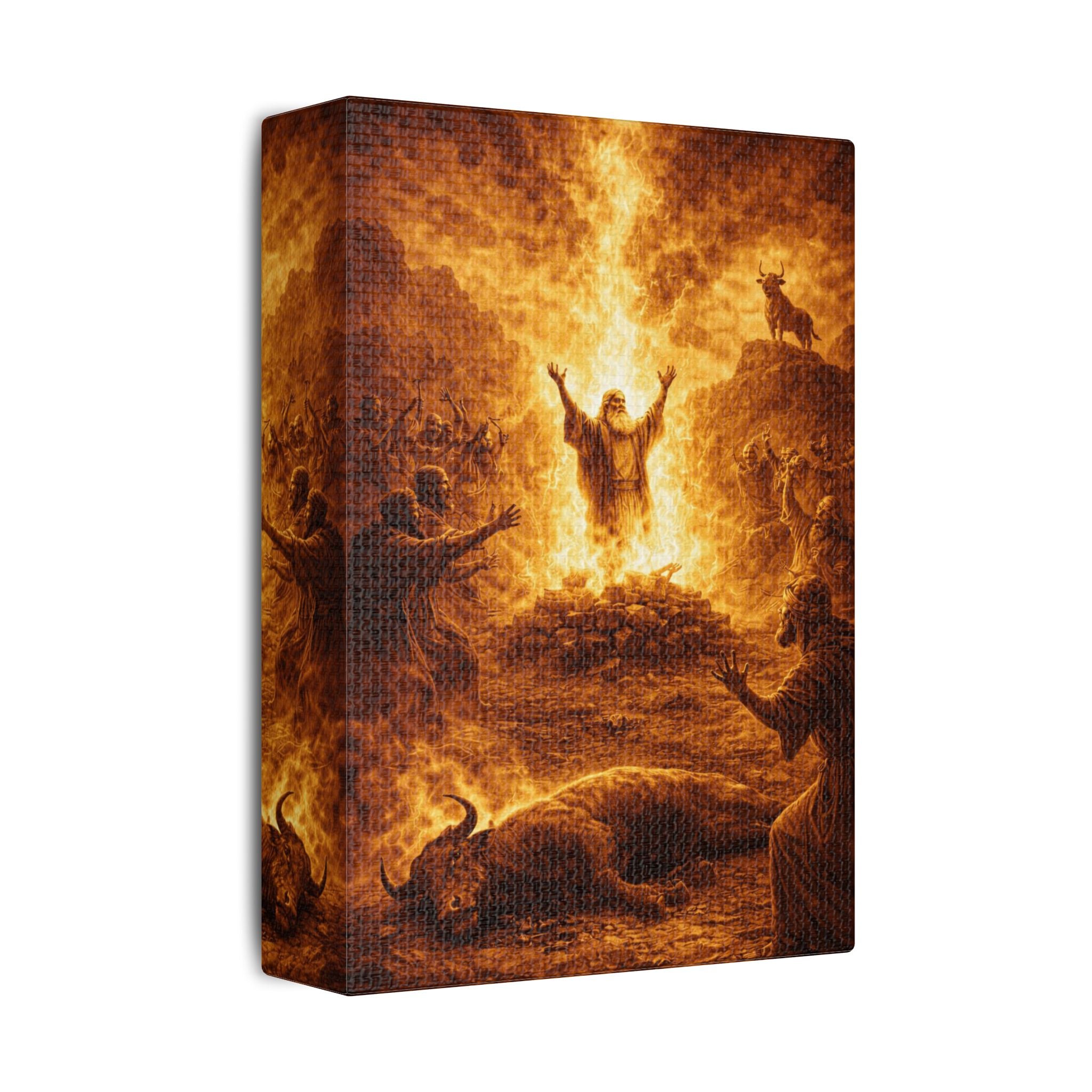 Revival Satin Canvas Wall Art — "Elijah Calls Down Fire" Stretched Spiritual Print