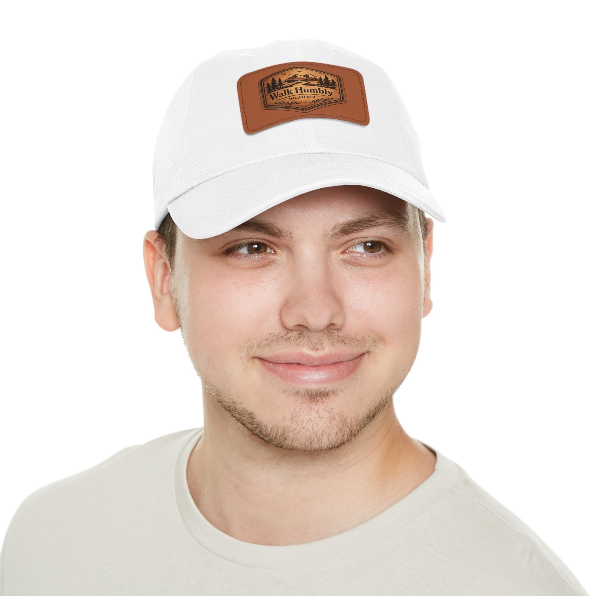 Vintage-inspired Christian dad hat featuring a faux leather “Walk Humbly” Micah 6:8 patch with rustic outdoor styling and antique brass buckle closure.