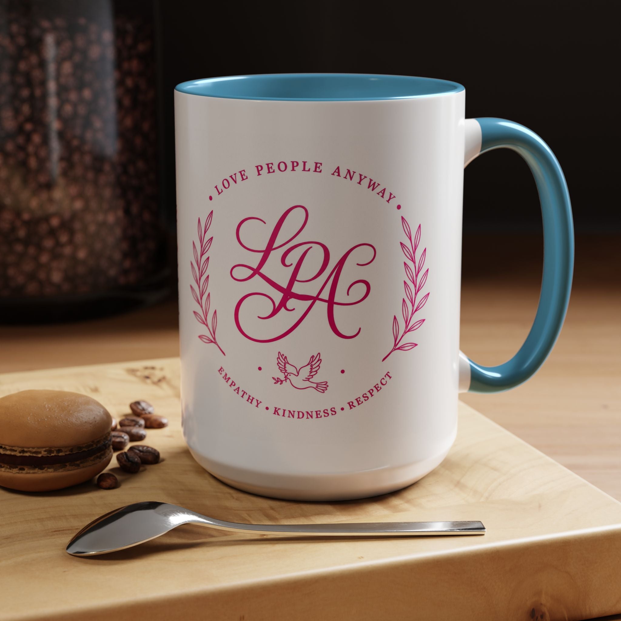 Love People Anyway Coffee Mug | Inspirational Pink Monogram Mug | Faith Freedom Creations