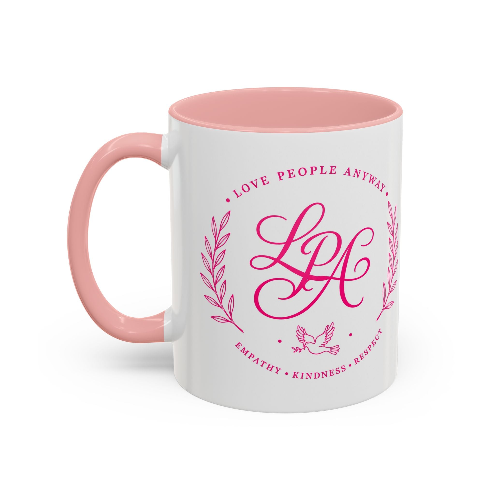Love People Anyway Coffee Mug | Inspirational Pink Monogram Mug | Faith Freedom Creations