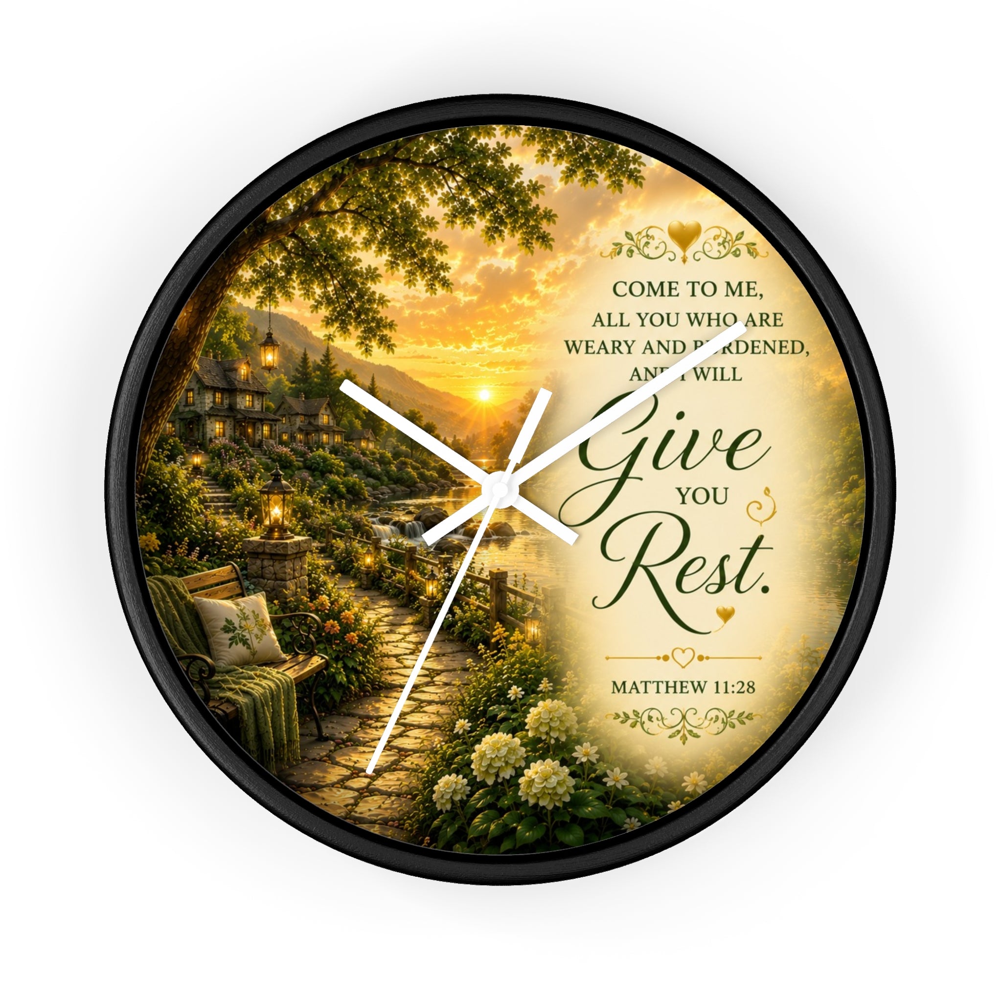 Inspirational Christian wall clock featuring a peaceful cottage garden path at sunset with Matthew 11:28 scripture inviting rest and peace.
