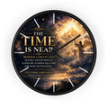 Inspirational Christian wall clock featuring celestial clouds, radiant golden light, and Revelation 22 scripture artwork with the phrase “The Time Is Near.”