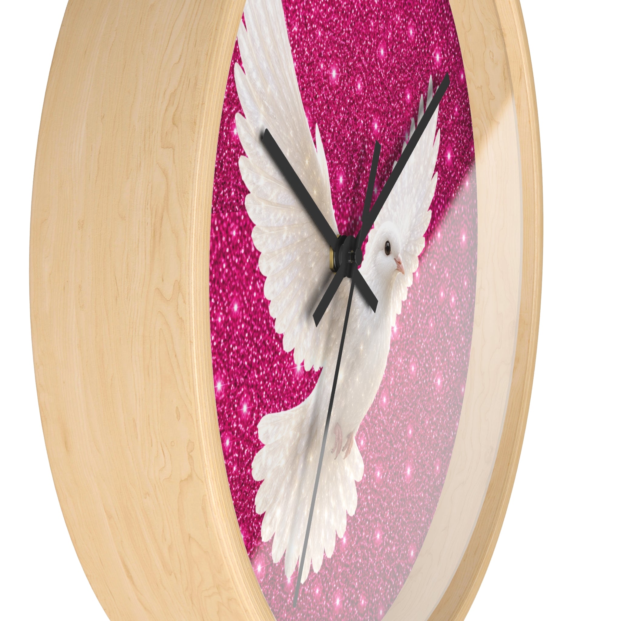Dove Wall Clock — White Dove on Sparkling Hot Pink Background