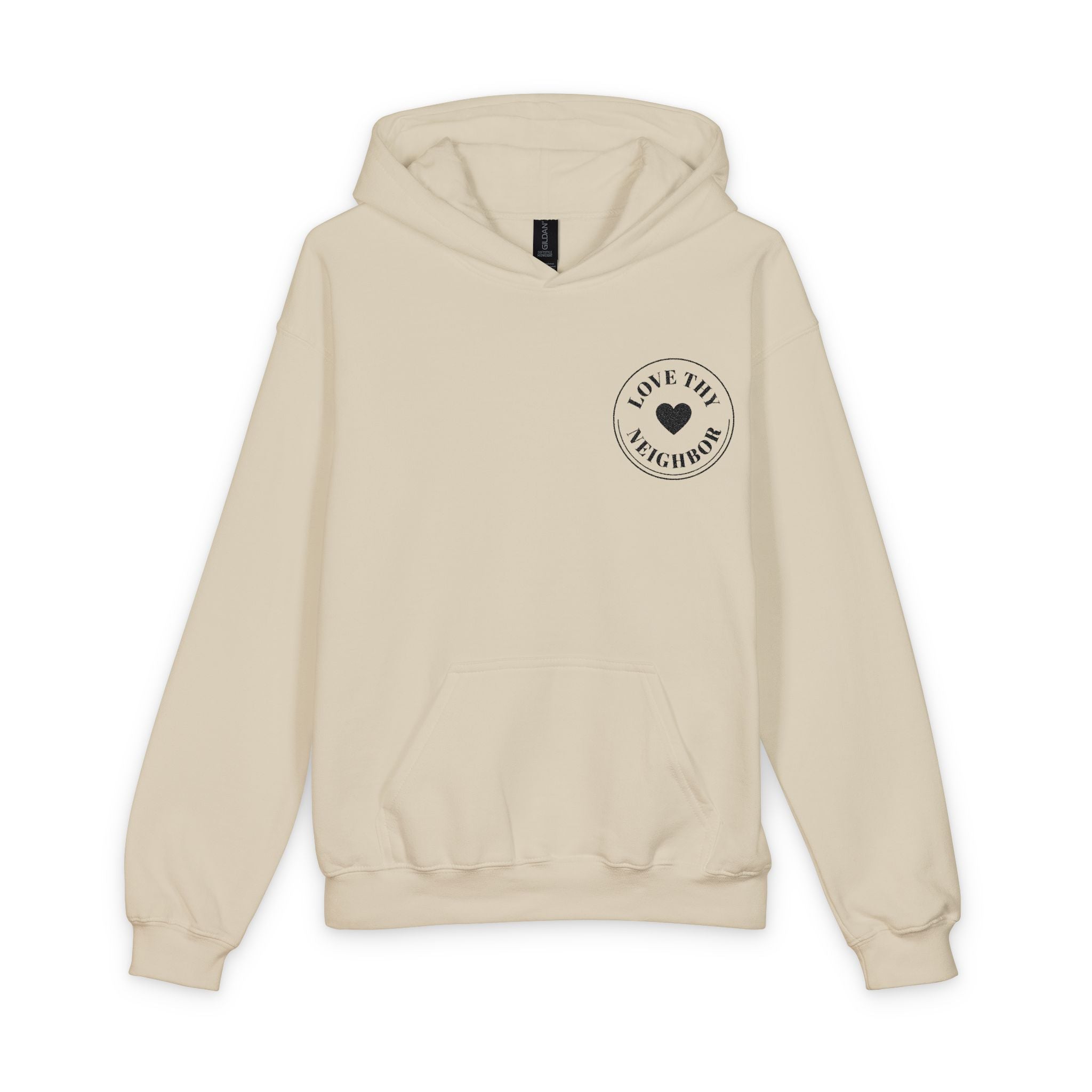 Youth hooded sweatshirt featuring a small heart chest logo with the words "Love Tiny Friendships," classic fit, front pouch pocket, and soft cotton blend.