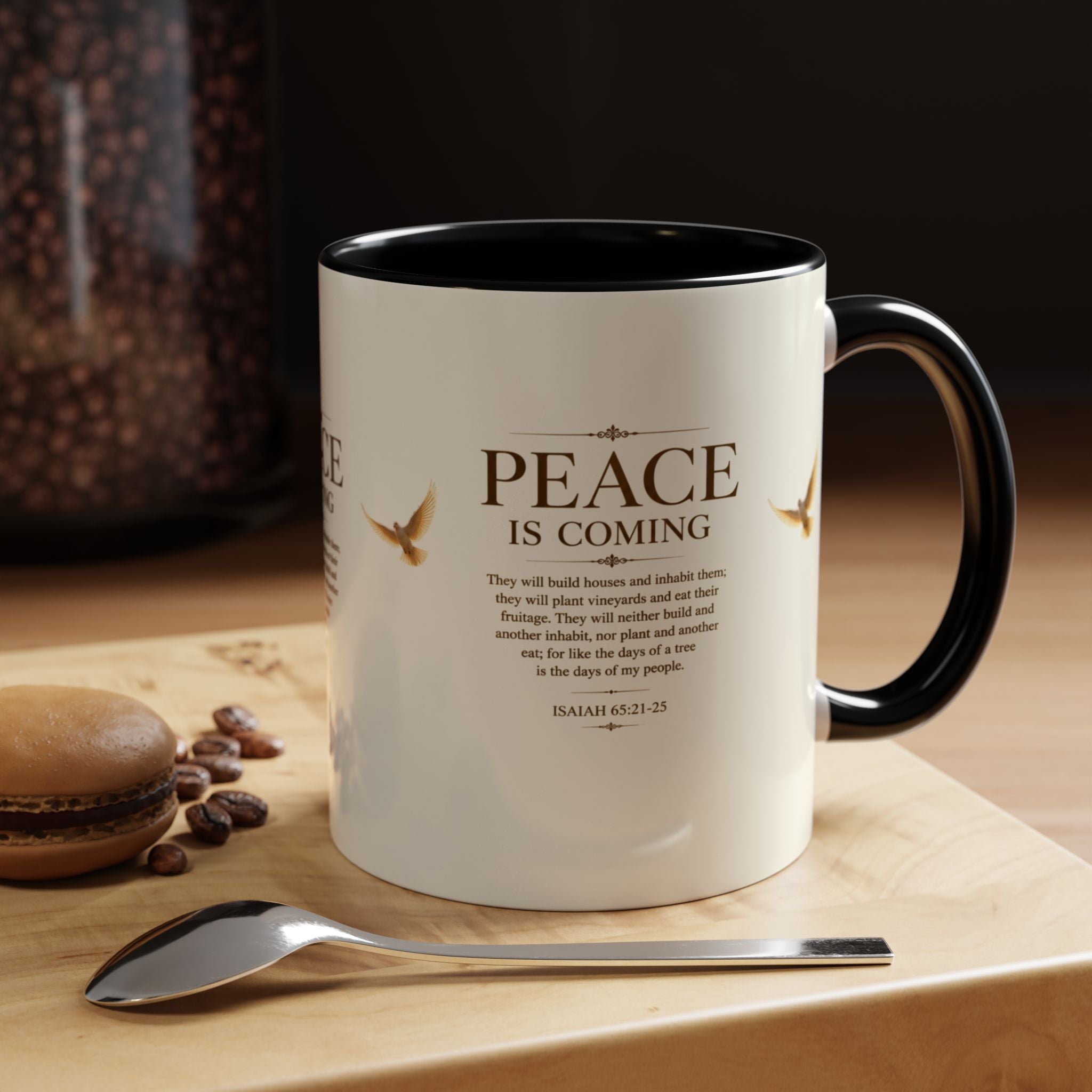 Inspirational Christian accent coffee mug featuring a peaceful dove and Isaiah 65:21-25 scripture with glossy finish and colorful handle and interior.