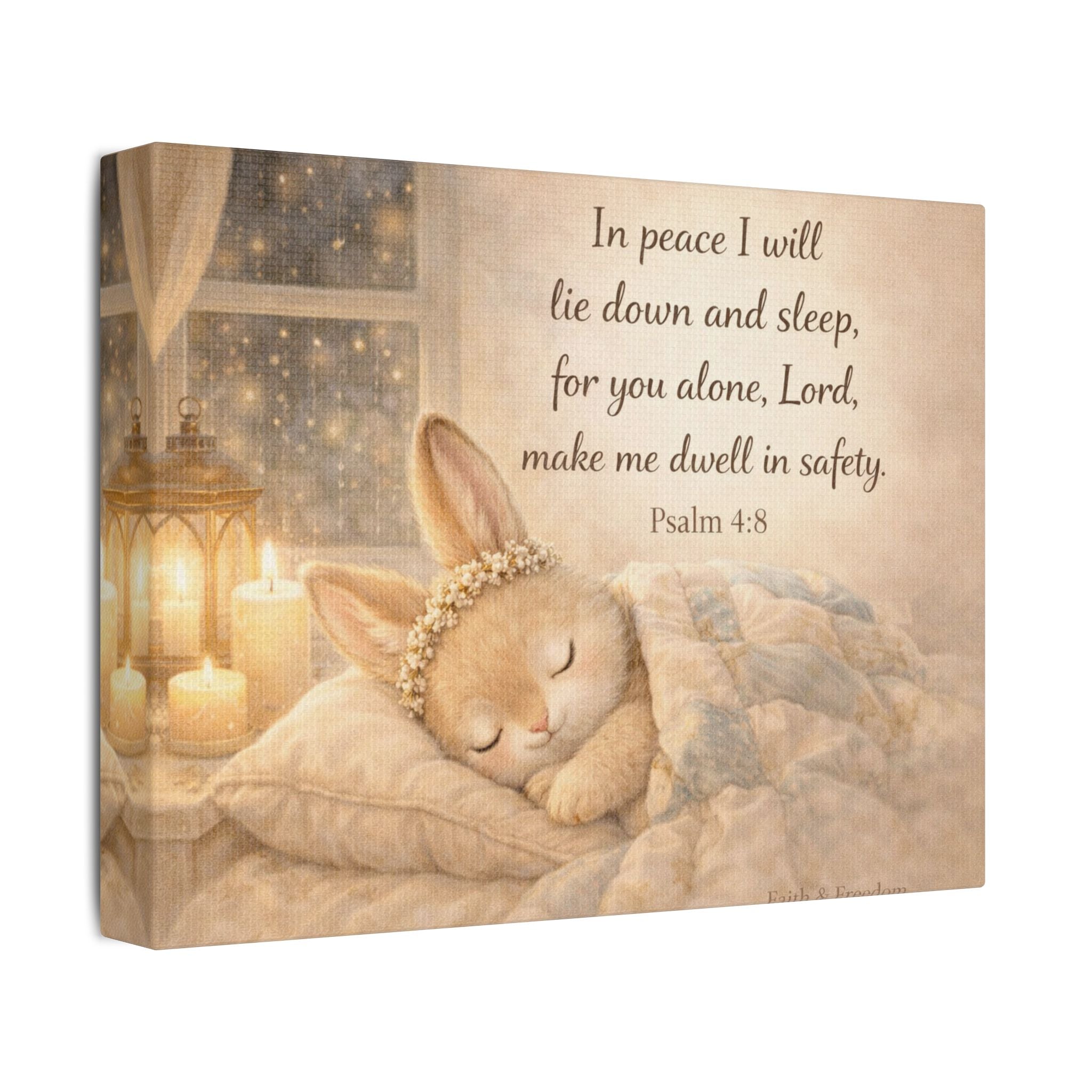 Sleeping Bunny Canvas — Psalm 4:8 Nursery Wall Art | Christian Baby Room Decor
